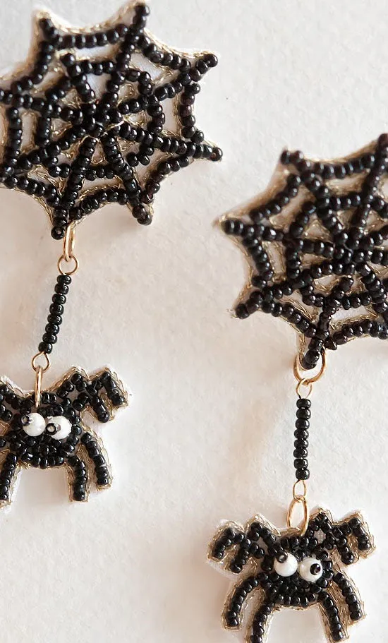 Black Spiderweb Dangle | Beaded Halloween Spider Earring