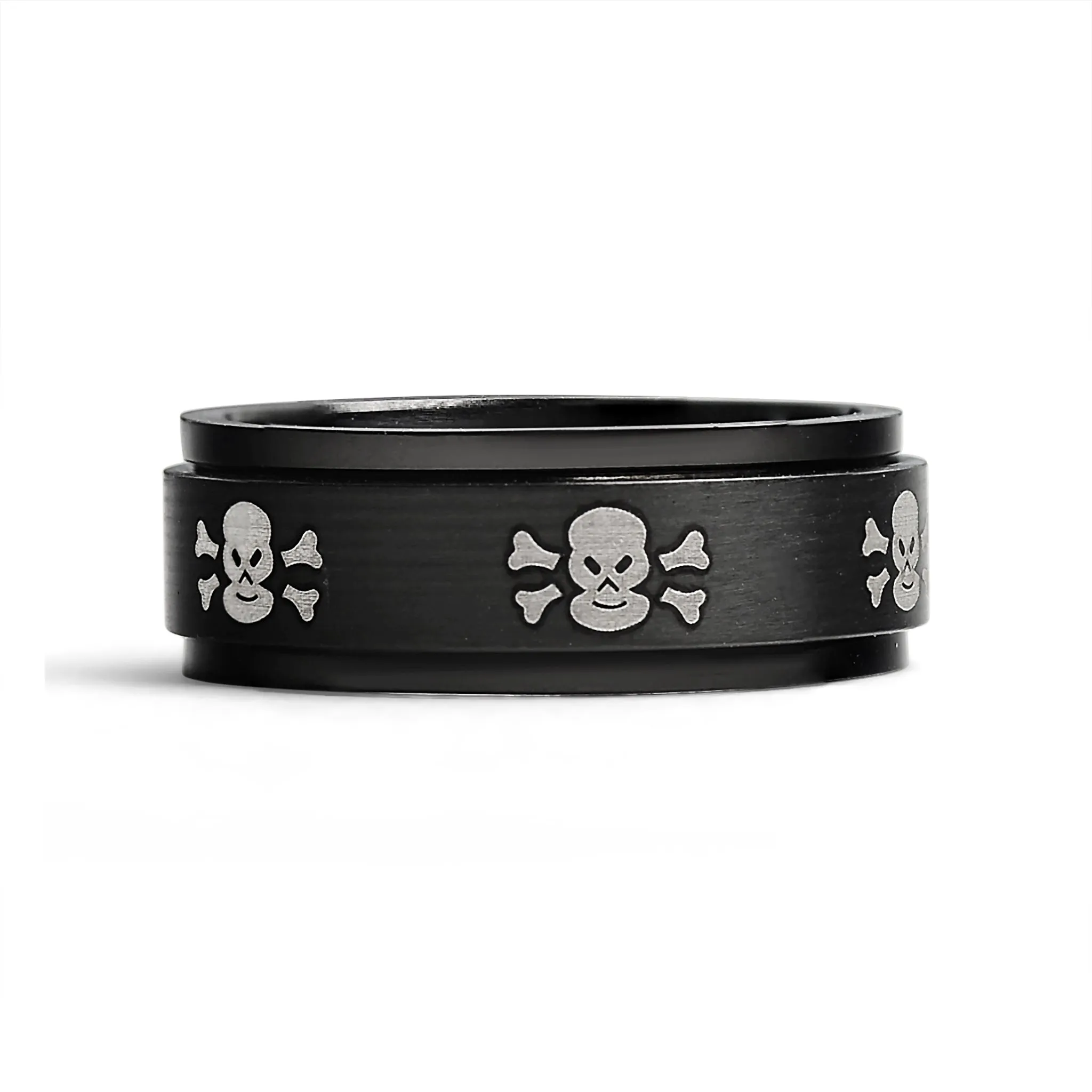 Black With White Skulls Stainless Steel Spinner Ring / STC003