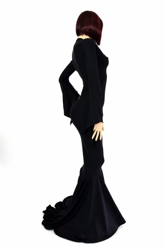 Black Zen Morticia Puddle Train Gown