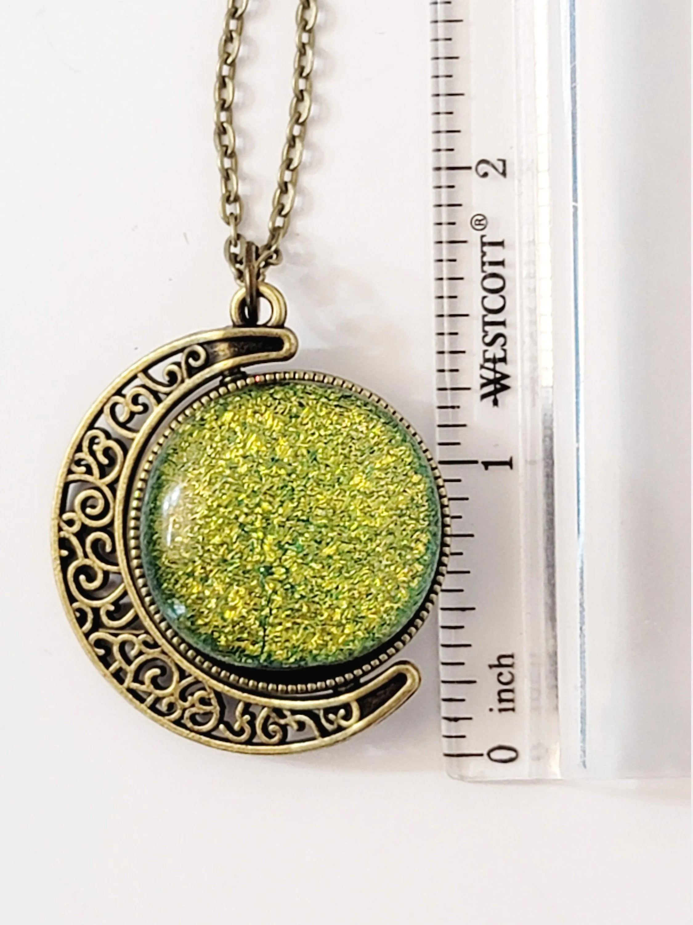 Blue and Green Dichroic Glass double sided Crescent Moon Pendant with Spinner antique bronze look on 20 inch chain