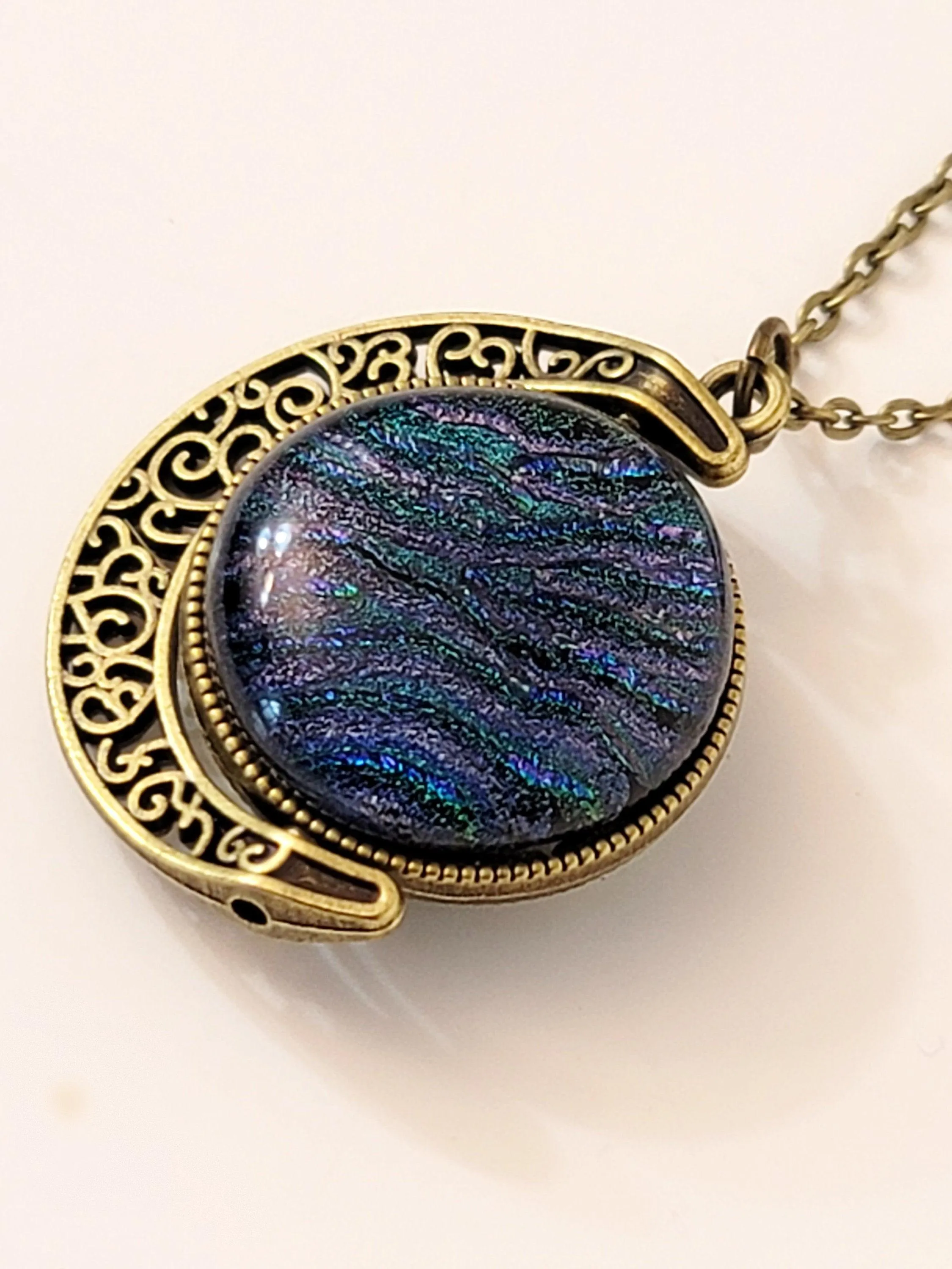 Blue and Green Dichroic Glass double sided Crescent Moon Pendant with Spinner antique bronze look on 20 inch chain