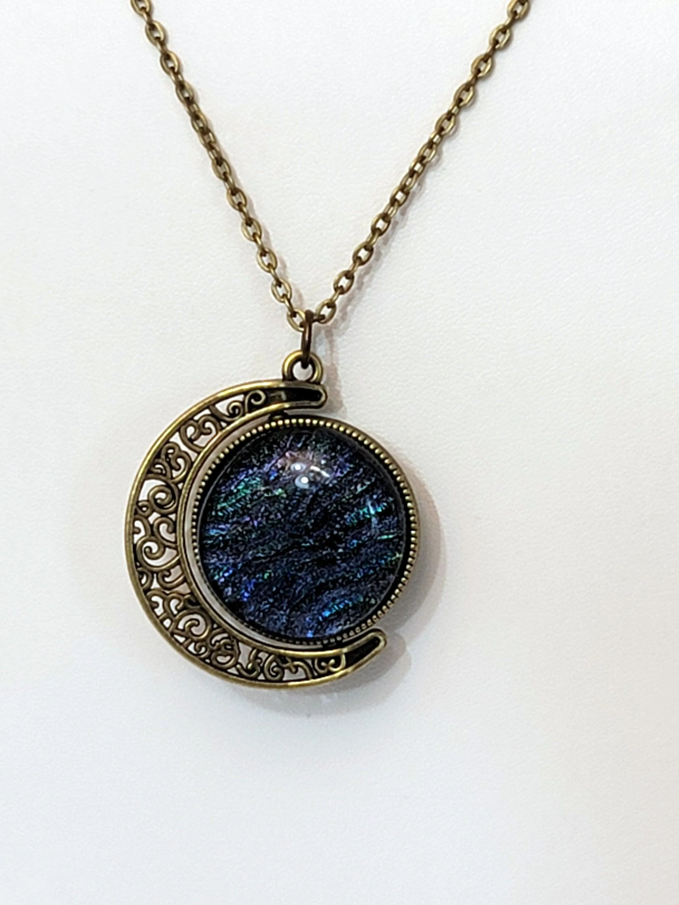 Blue and Green Dichroic Glass double sided Crescent Moon Pendant with Spinner antique bronze look on 20 inch chain