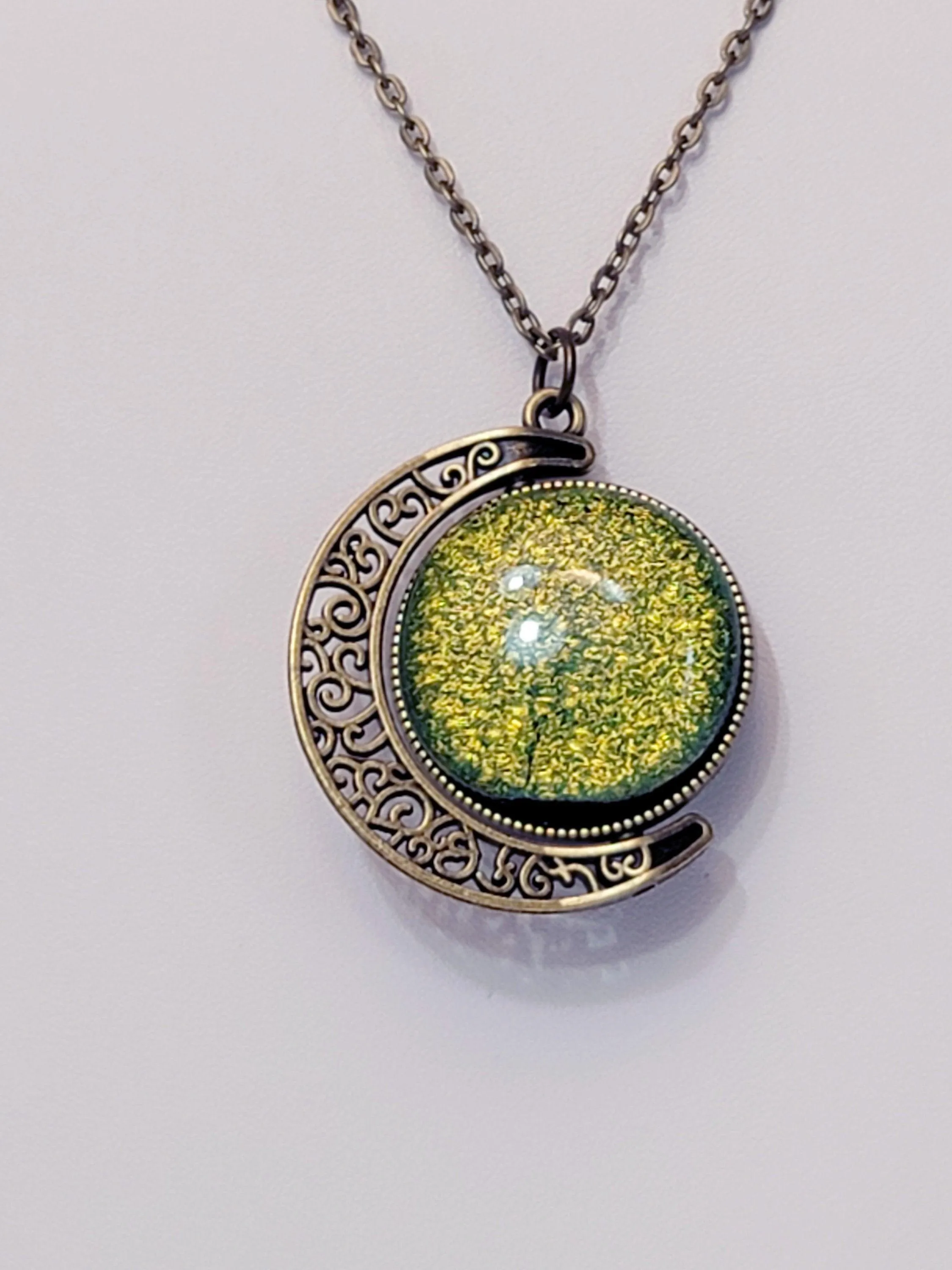 Blue and Green Dichroic Glass double sided Crescent Moon Pendant with Spinner antique bronze look on 20 inch chain