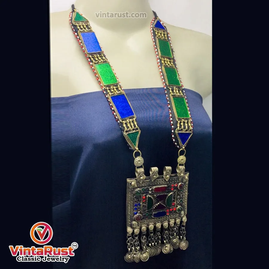 Blue and Green Long Chain Pendant Necklace