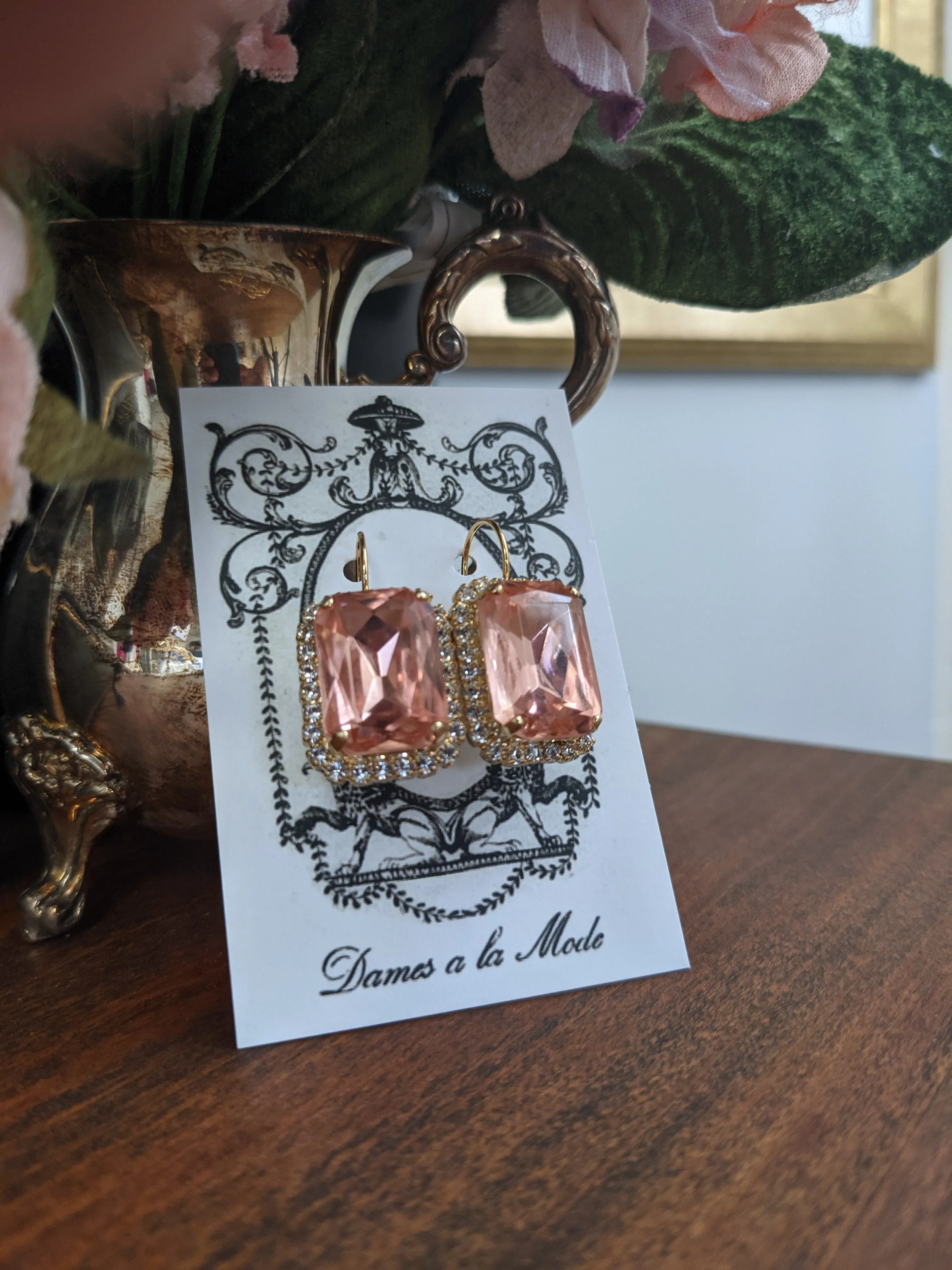 Blush Pink Halo Crystal Earrings - Large Octagon