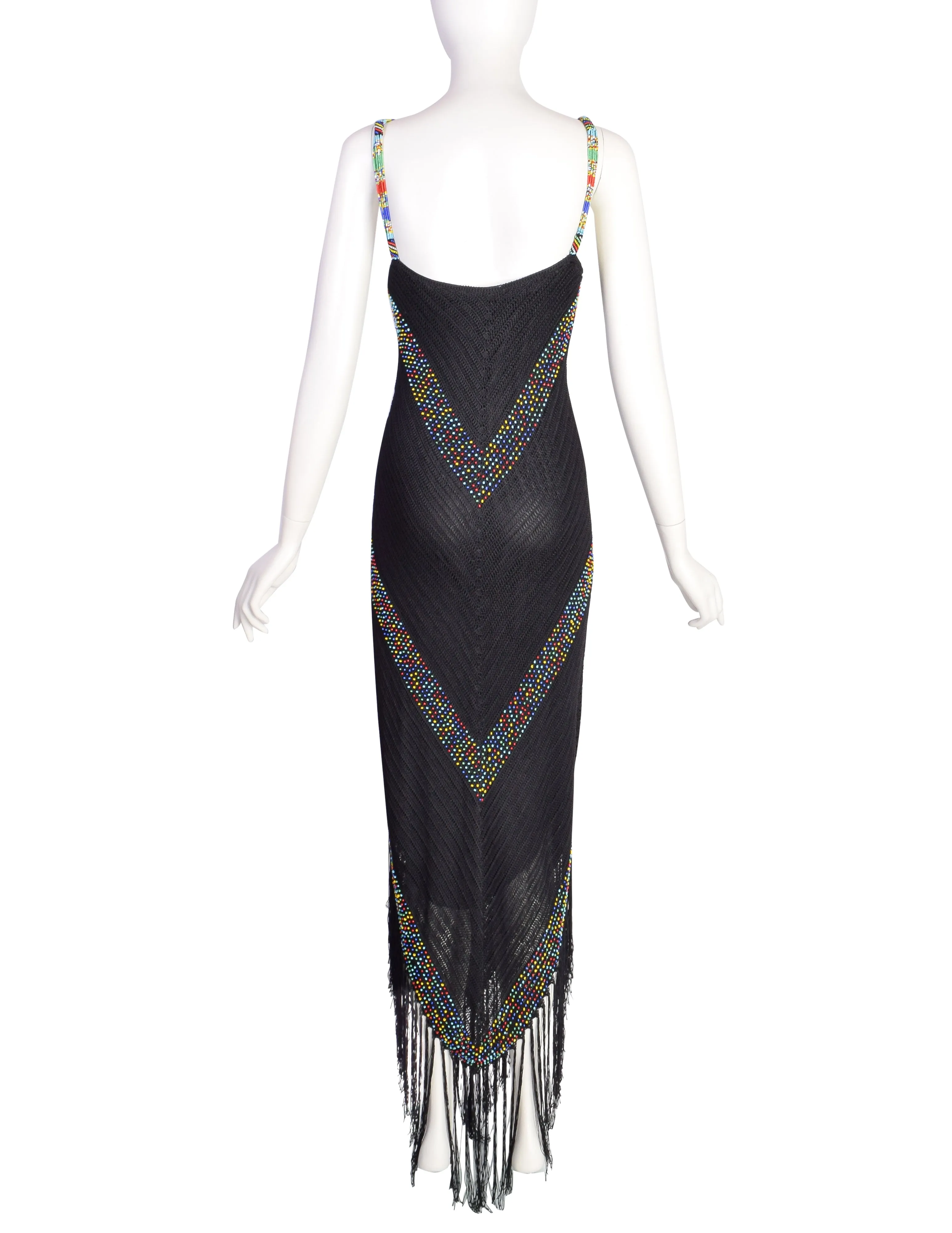 Cache Vintage 1990s Black Crochet Rainbow Beaded Fringe Dress