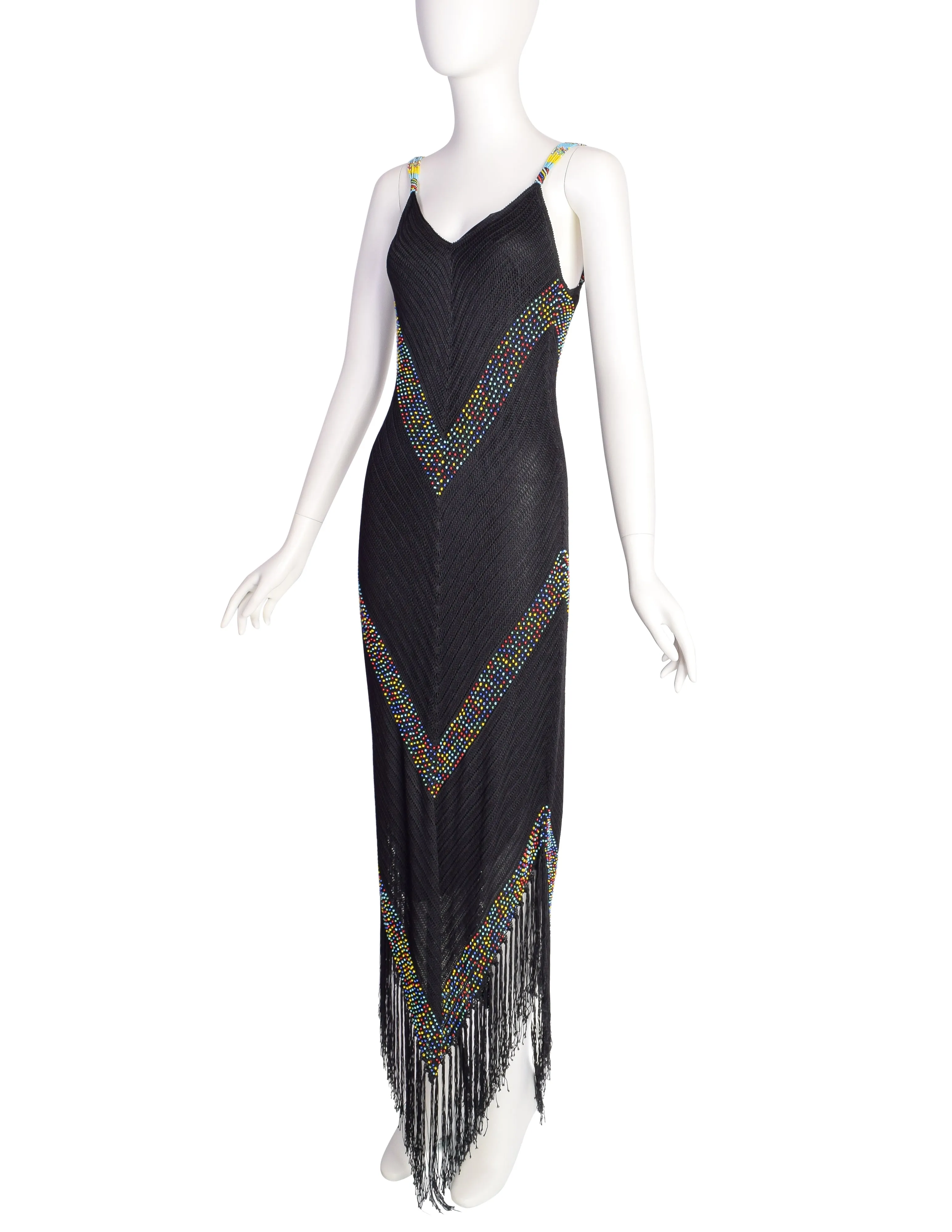 Cache Vintage 1990s Black Crochet Rainbow Beaded Fringe Dress