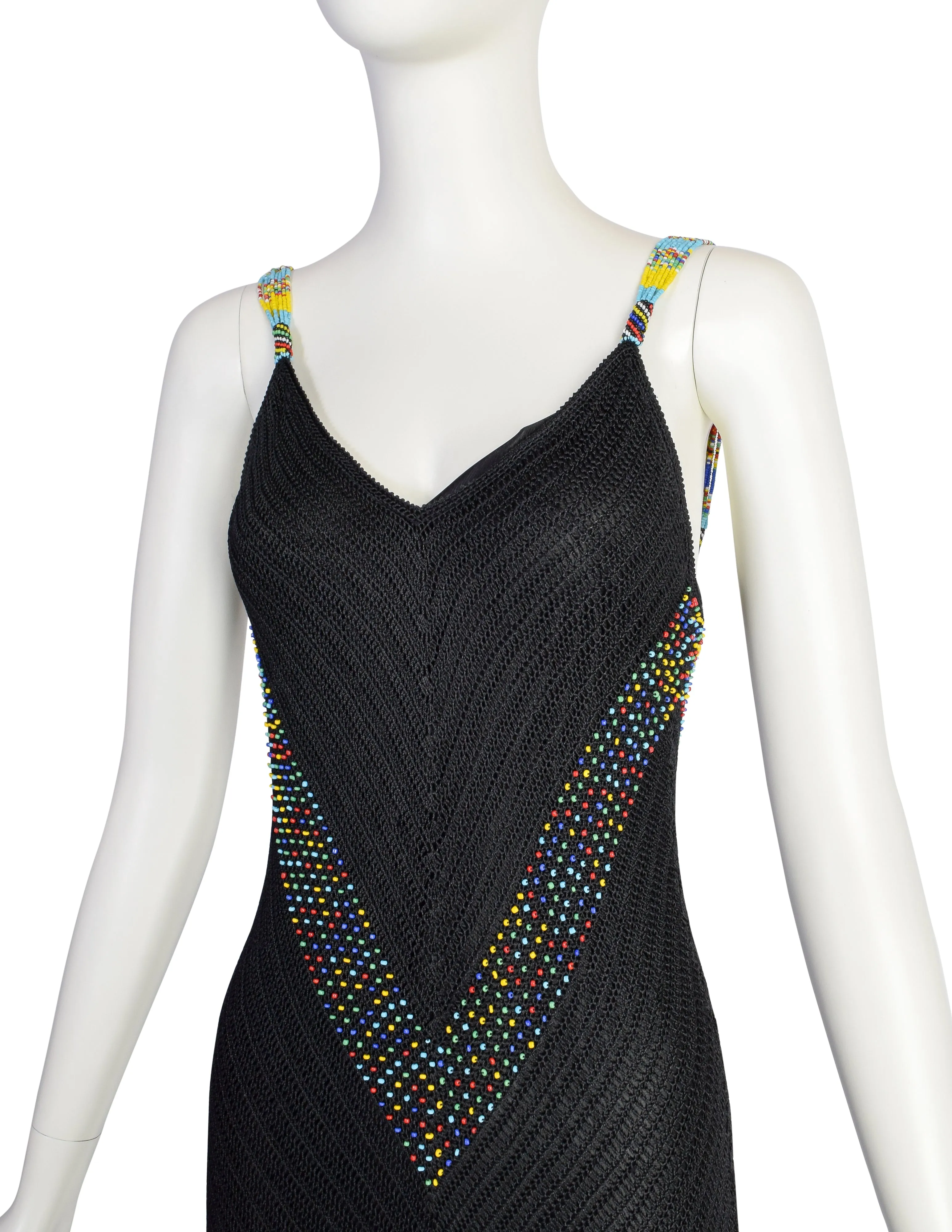 Cache Vintage 1990s Black Crochet Rainbow Beaded Fringe Dress