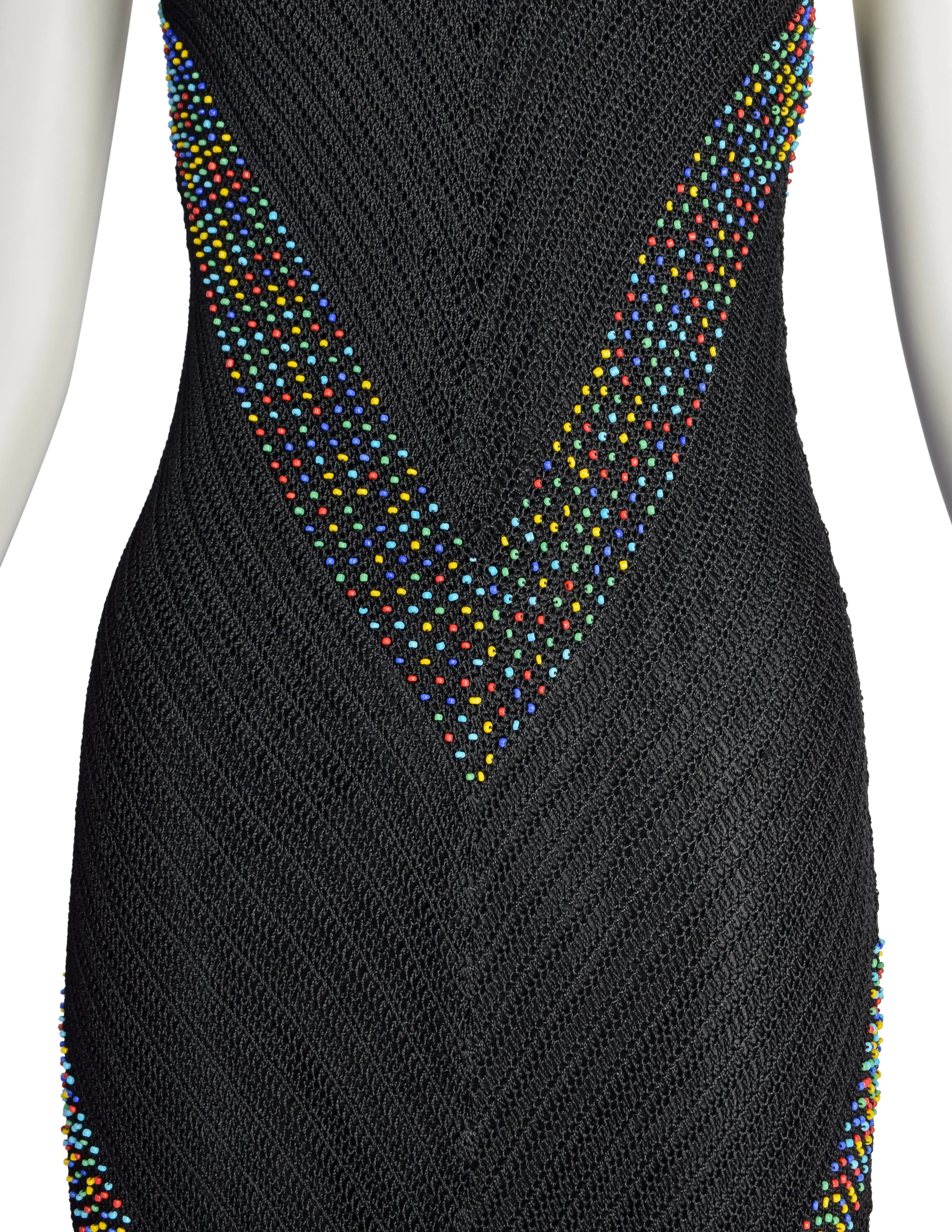 Cache Vintage 1990s Black Crochet Rainbow Beaded Fringe Dress