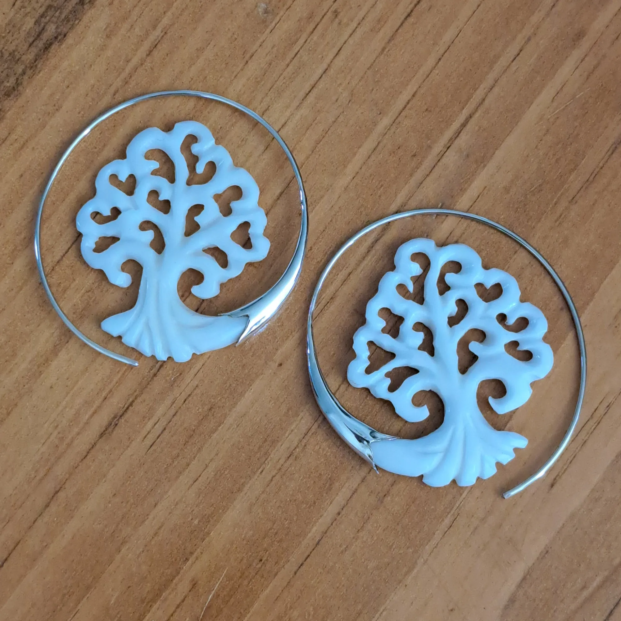 Carved Tree Hoop Earrings from Bali for Nature Lover