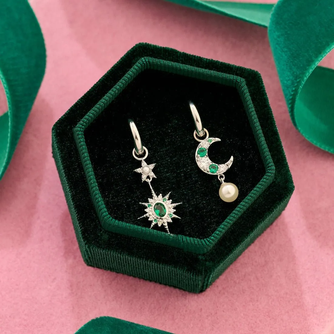 Celeste Mini Star Hoops Emerald Green, Clear CZ and Silver