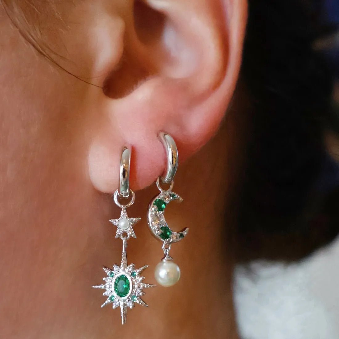 Celeste Mini Star Hoops Emerald Green, Clear CZ and Silver