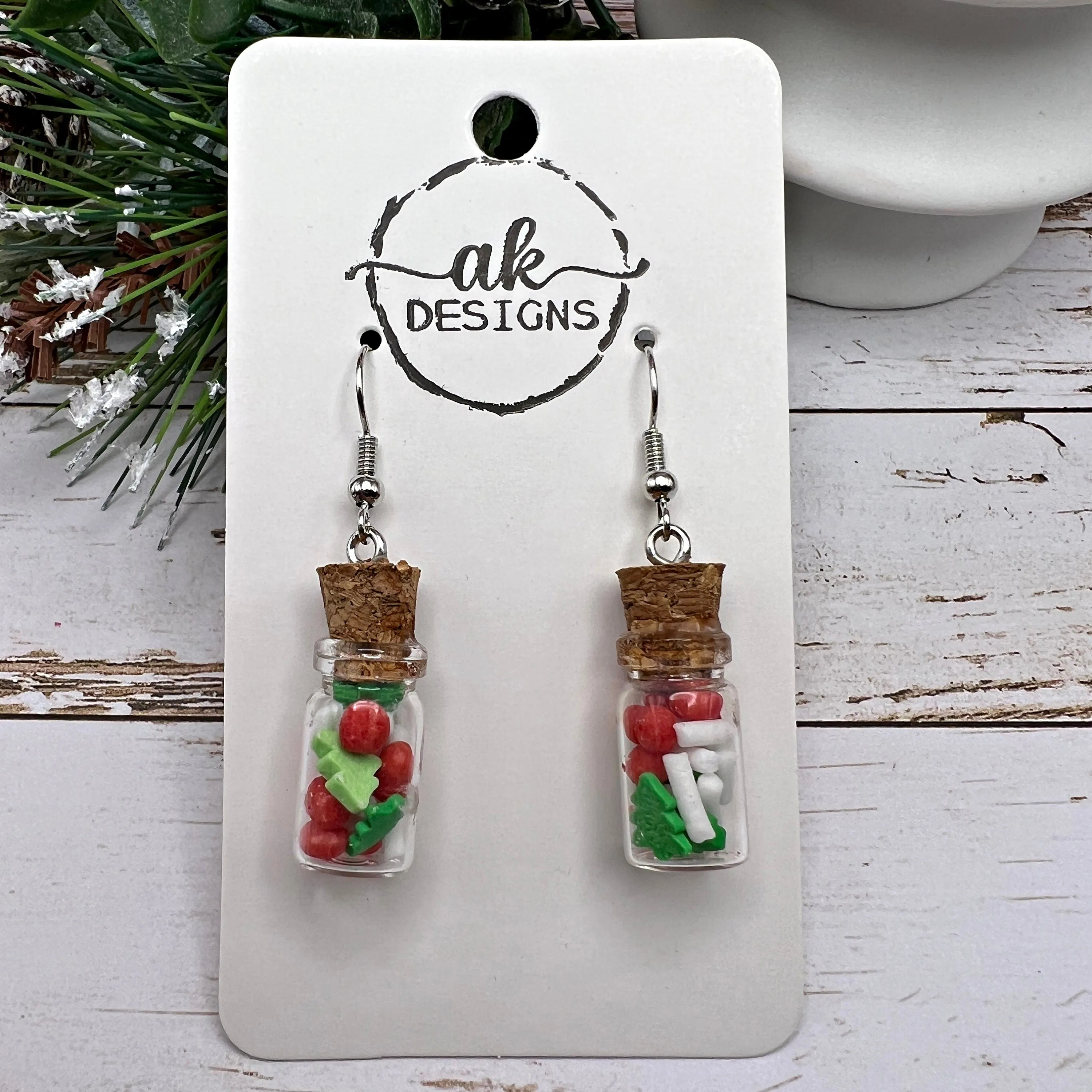 Christmas Sprinkle Jar Handmade Red White Green Hypoallergenic  Holiday Earrings - Clearance