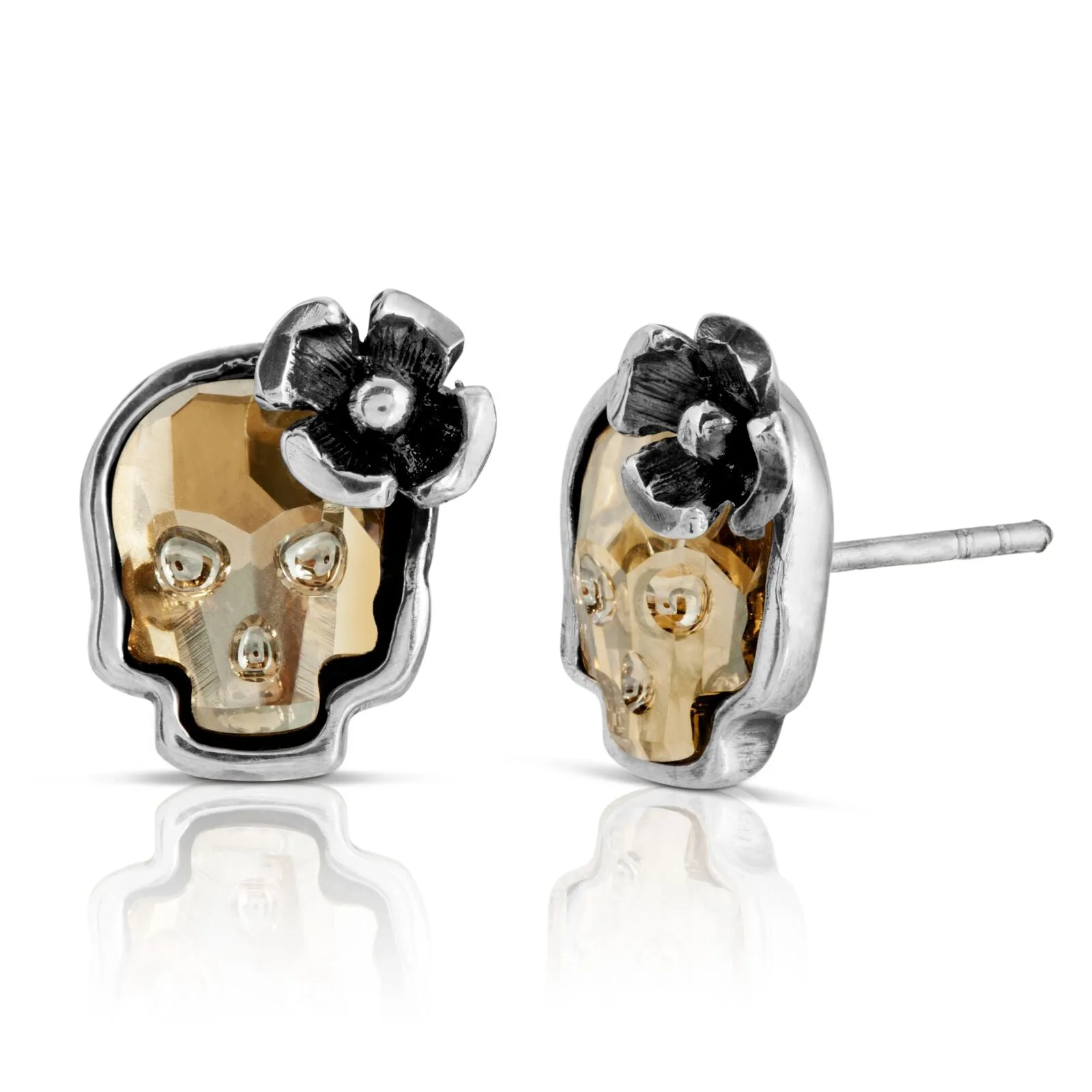 Clear Gold Flower Skull Stud Earrings