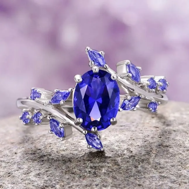 Cornflower Sapphire Leaf Ring- 14K White Gold