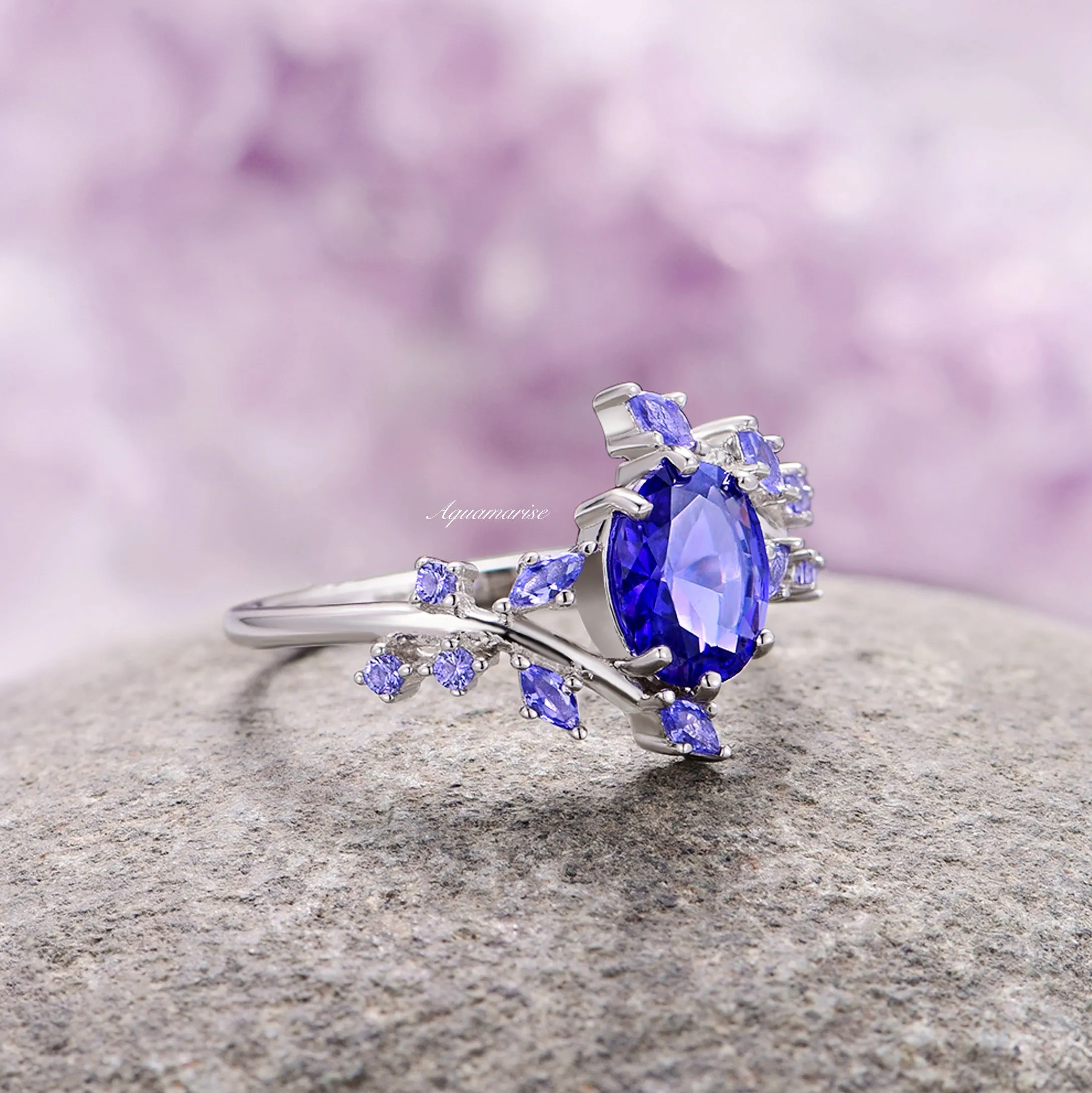 Cornflower Sapphire Leaf Ring- 14K White Gold