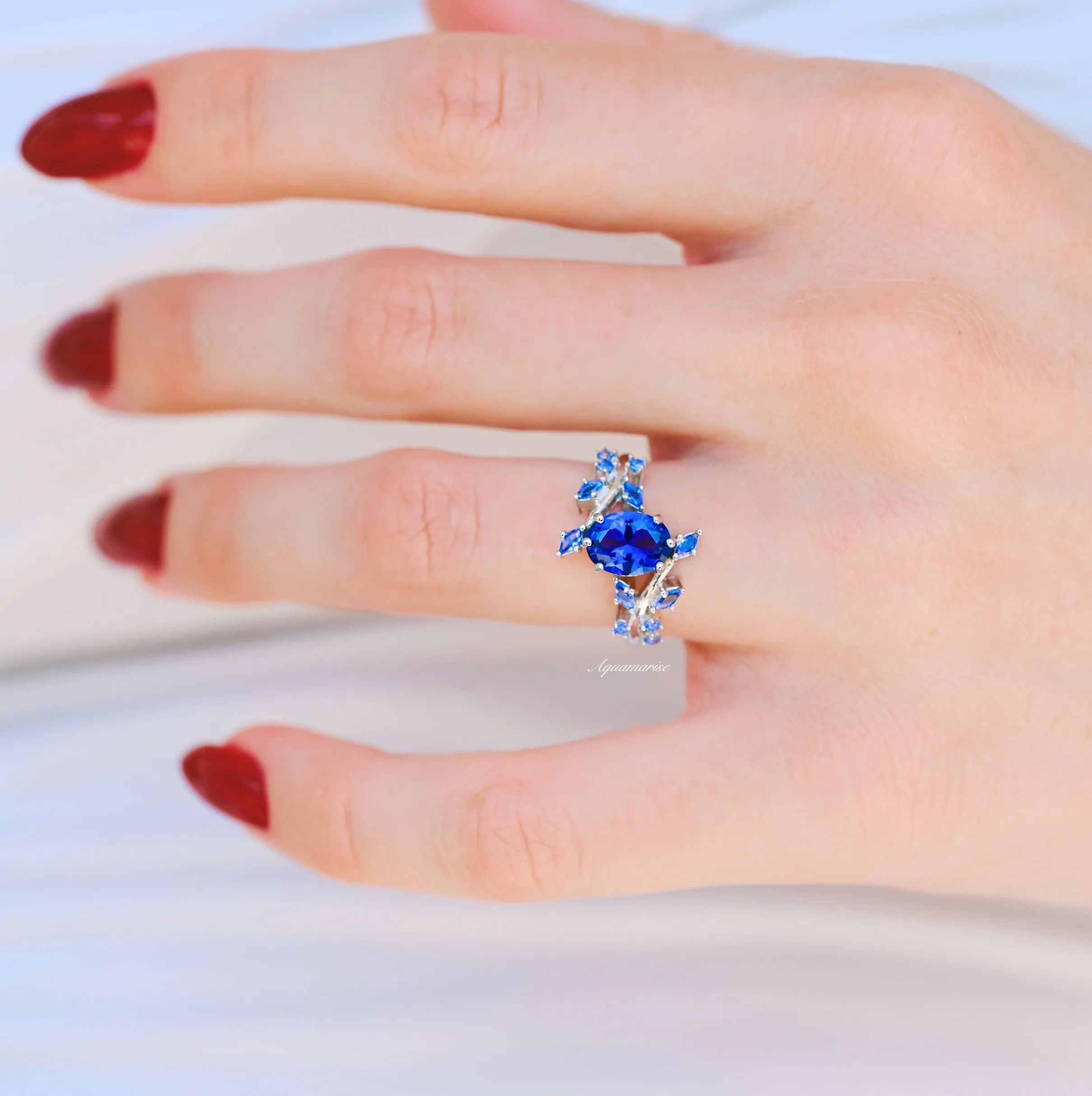 Cornflower Sapphire Leaf Ring- 14K White Gold