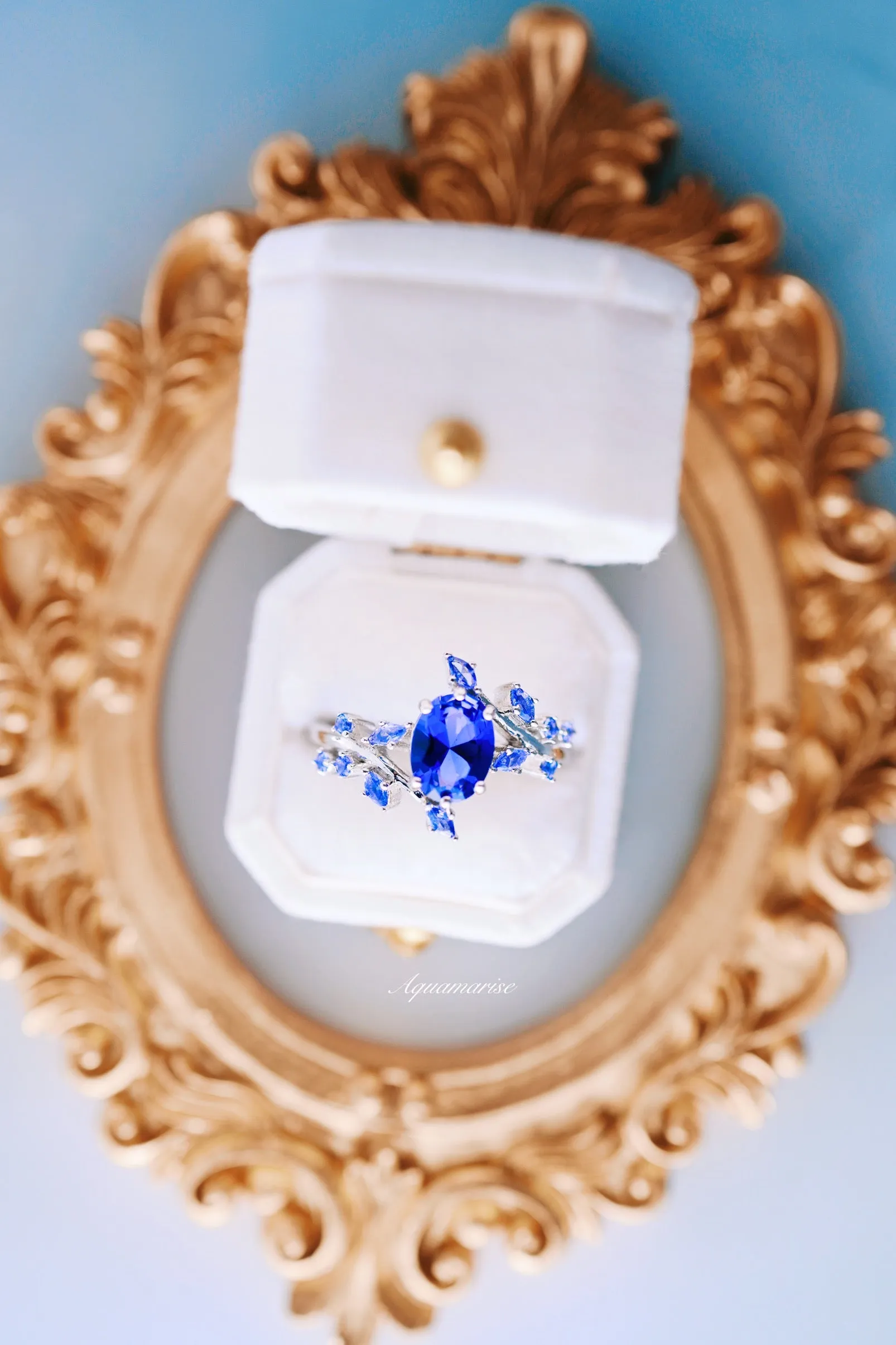 Cornflower Sapphire Leaf Ring- 14K White Gold