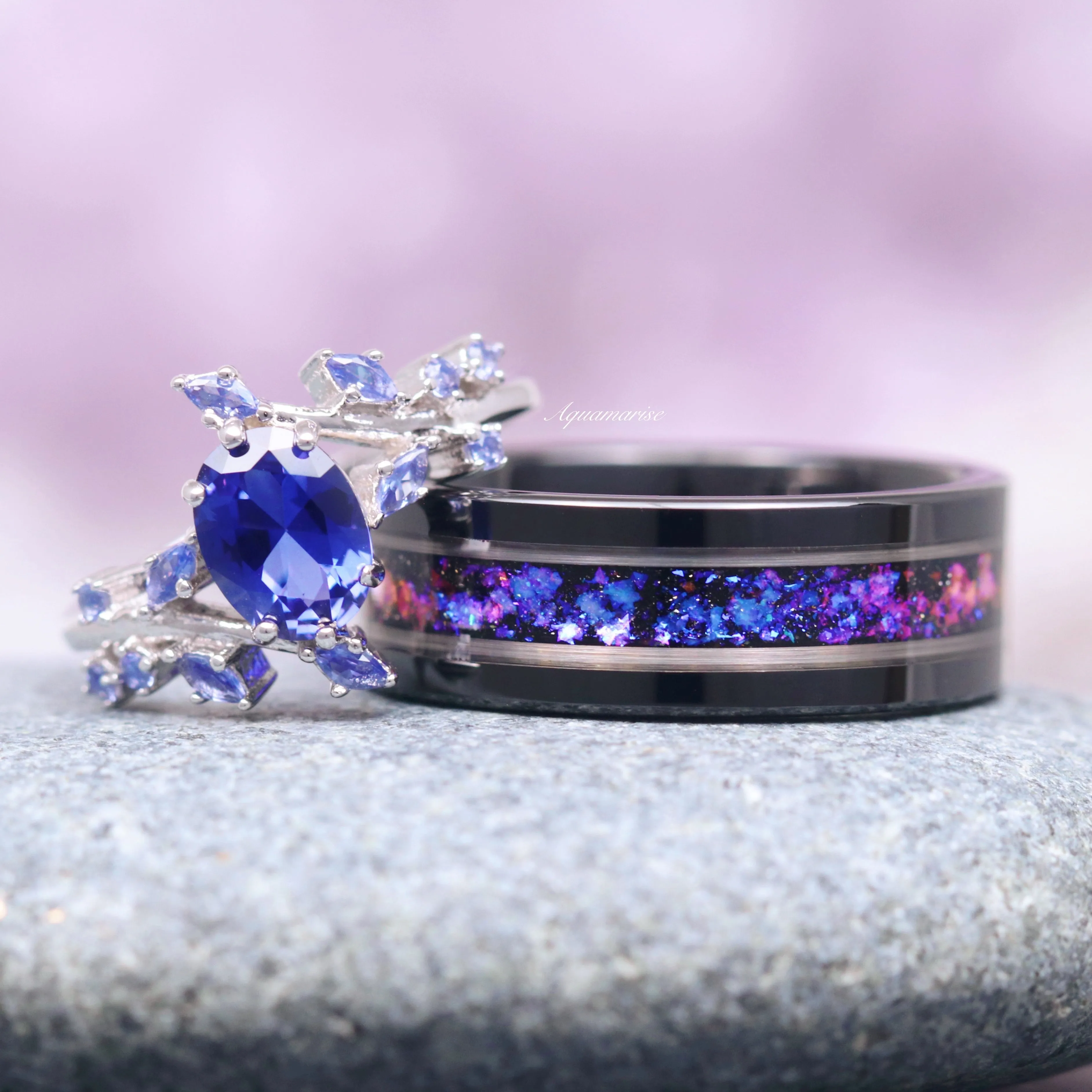 Cornflower Sapphire Leaf Ring- 14K White Gold