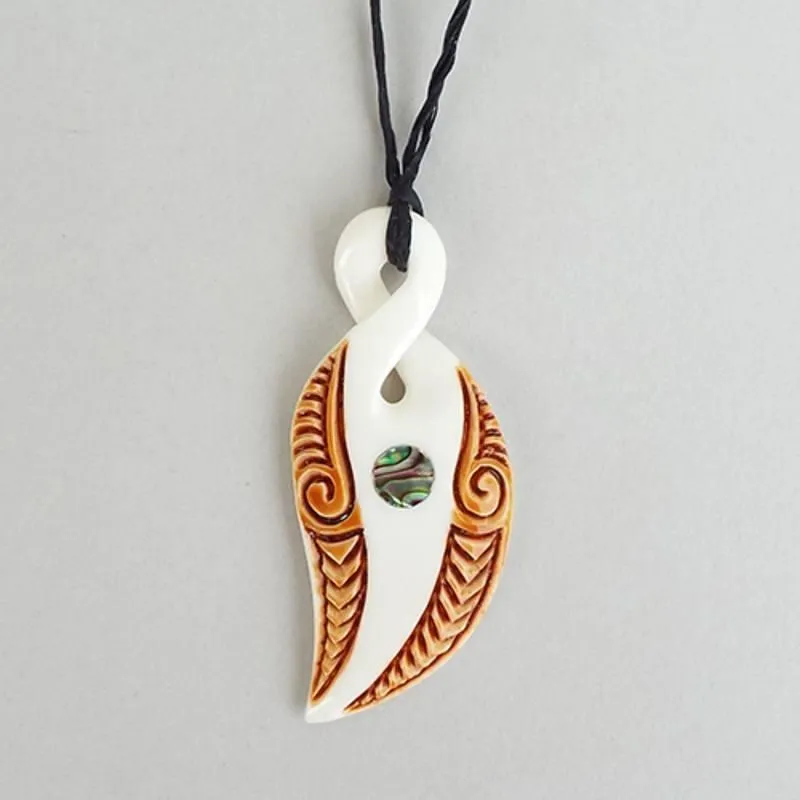 Curved Maori Bone Love Twist Necklace with Paua and Stain