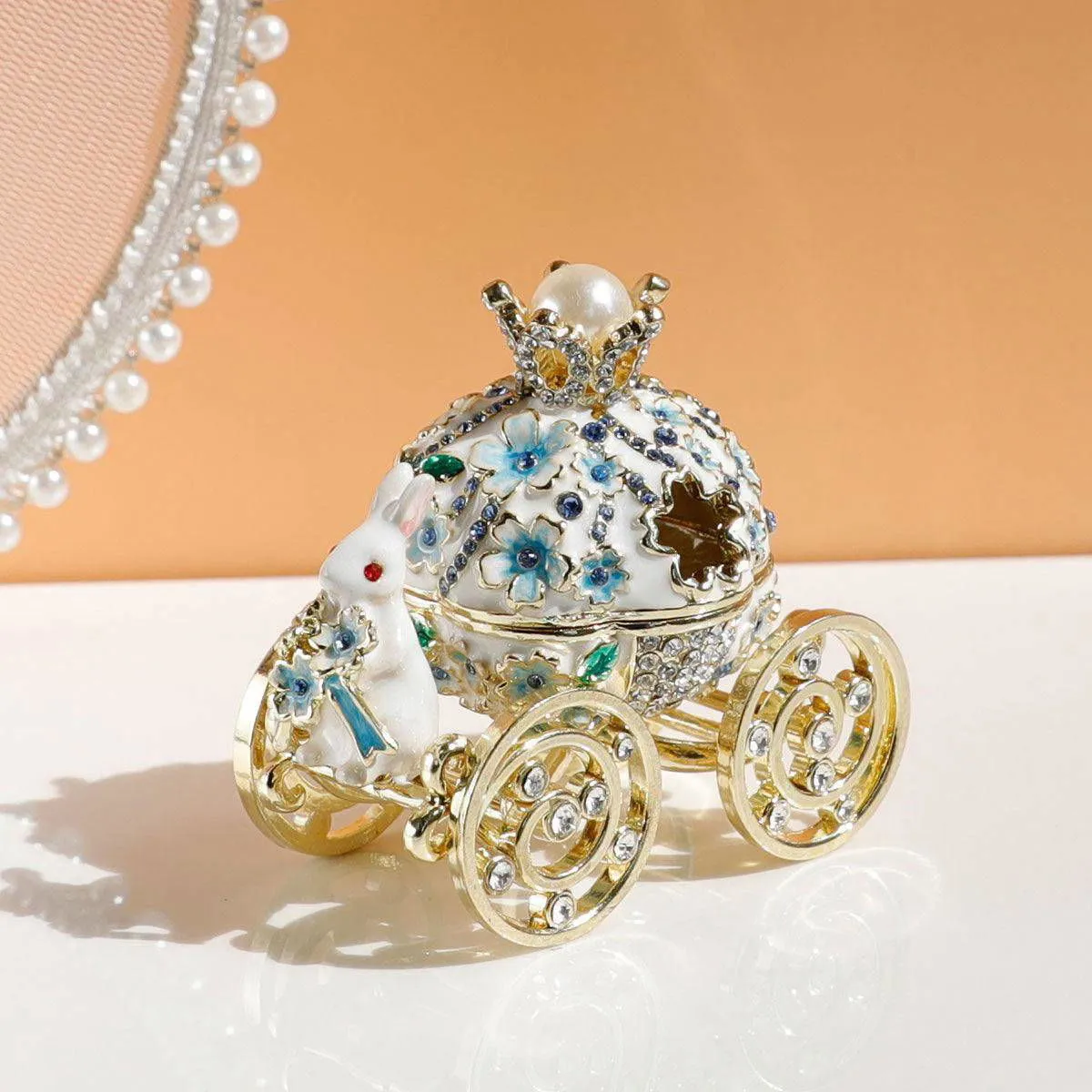 Enchanted Carriage Trinket Box: Blossom Bunny Fairy-Tale Keepsake, Hand-Painted