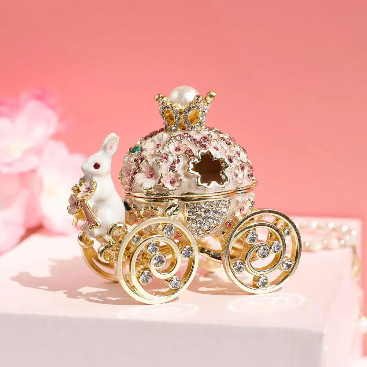 Enchanted Carriage Trinket Box: Blossom Bunny Fairy-Tale Keepsake, Hand-Painted