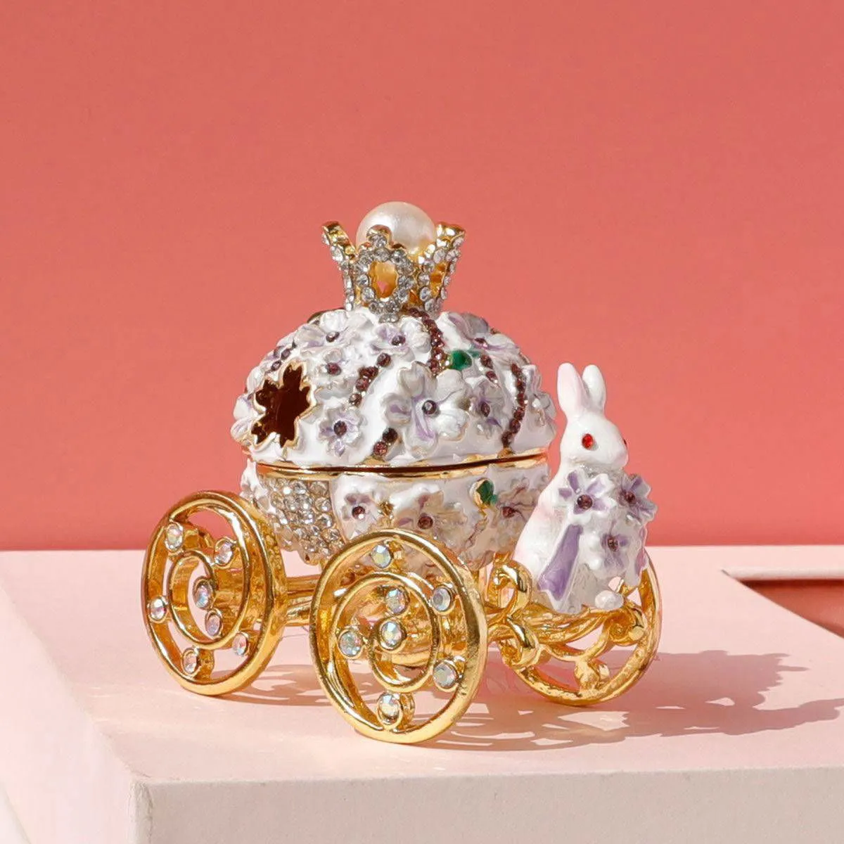 Enchanted Carriage Trinket Box: Blossom Bunny Fairy-Tale Keepsake, Hand-Painted