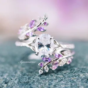 Fairy Amethyst & Diamond Engagement Leaf Ring Set- 925 Sterling Silver