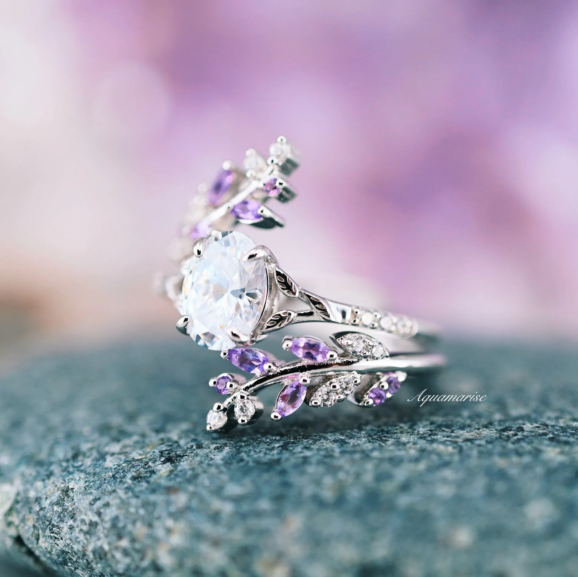 Fairy Amethyst & Diamond Engagement Leaf Ring Set- 925 Sterling Silver