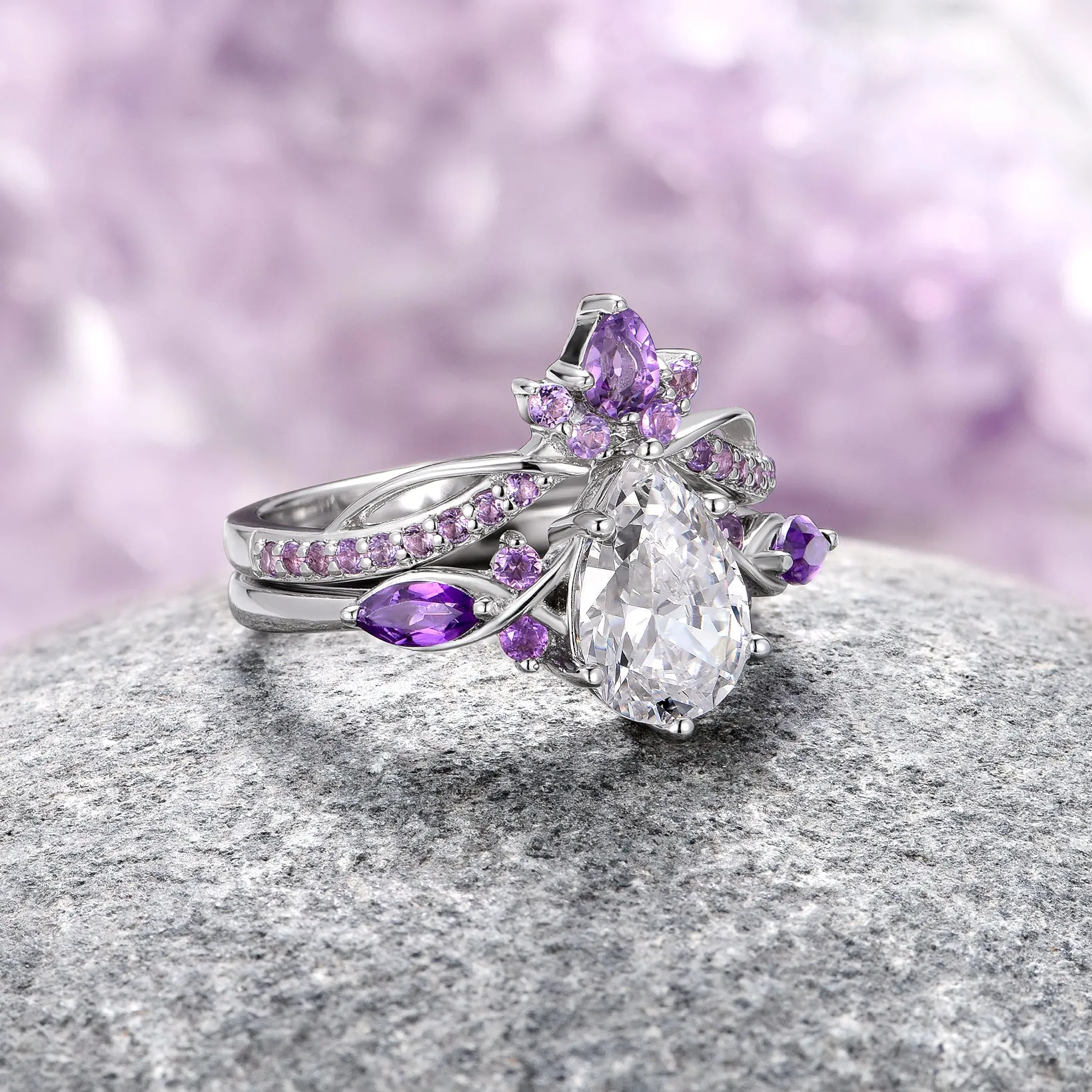 Feyre Natural Amethyst & Diamond (cz) Engagement Ring Set- Sterling Silver