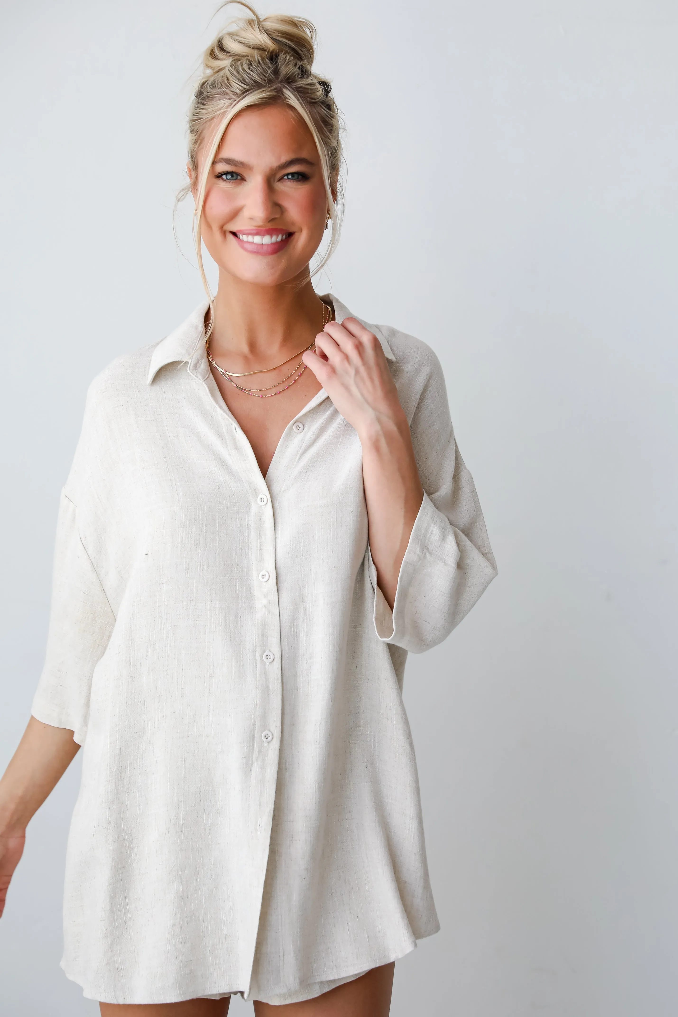 FINAL SALE - Summer Escapades Oatmeal Linen Blouse - DU DEAL