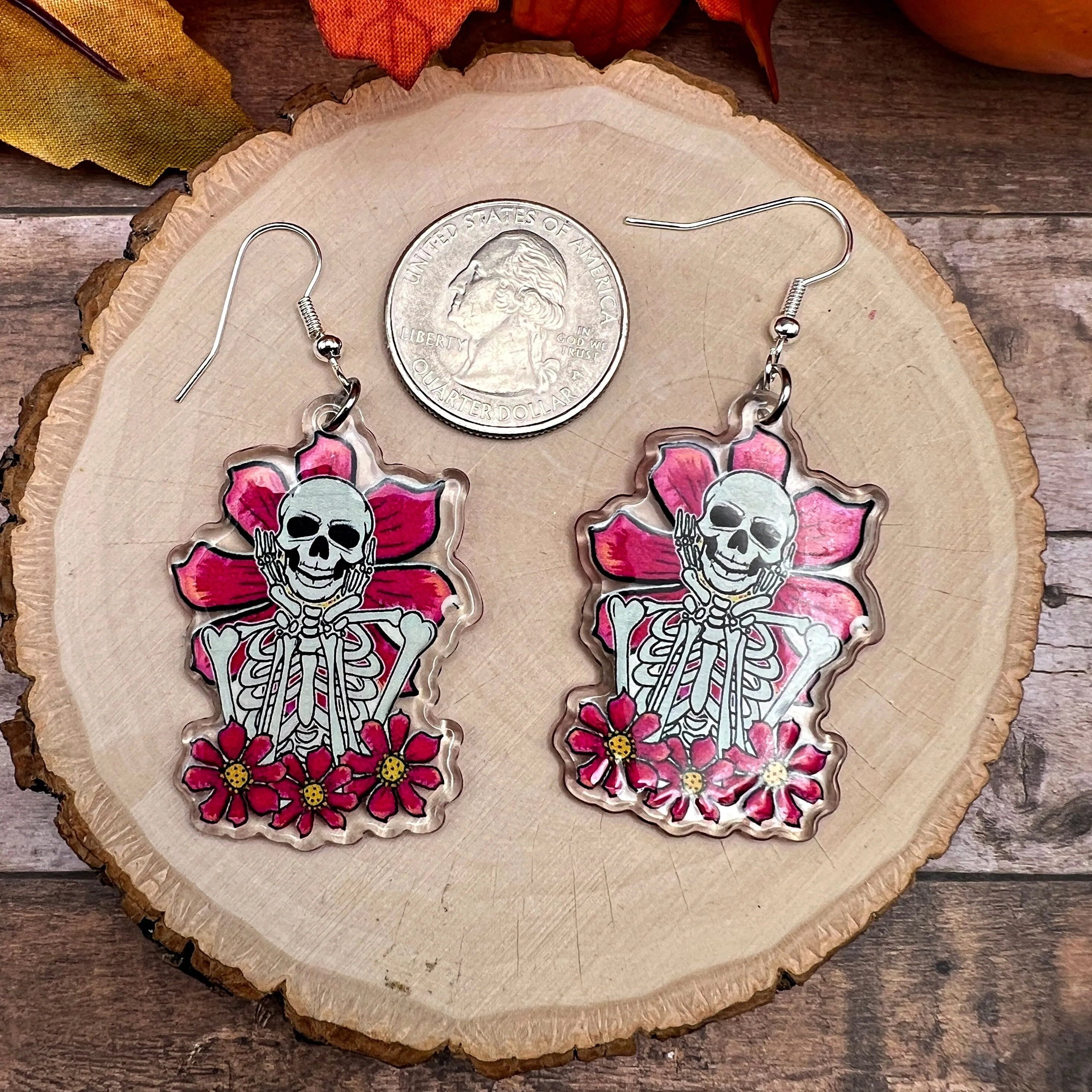 Flowery Skeleton Romantic Halloween Silver/Silver-tone  Earrings, Hypoallergenic Gift