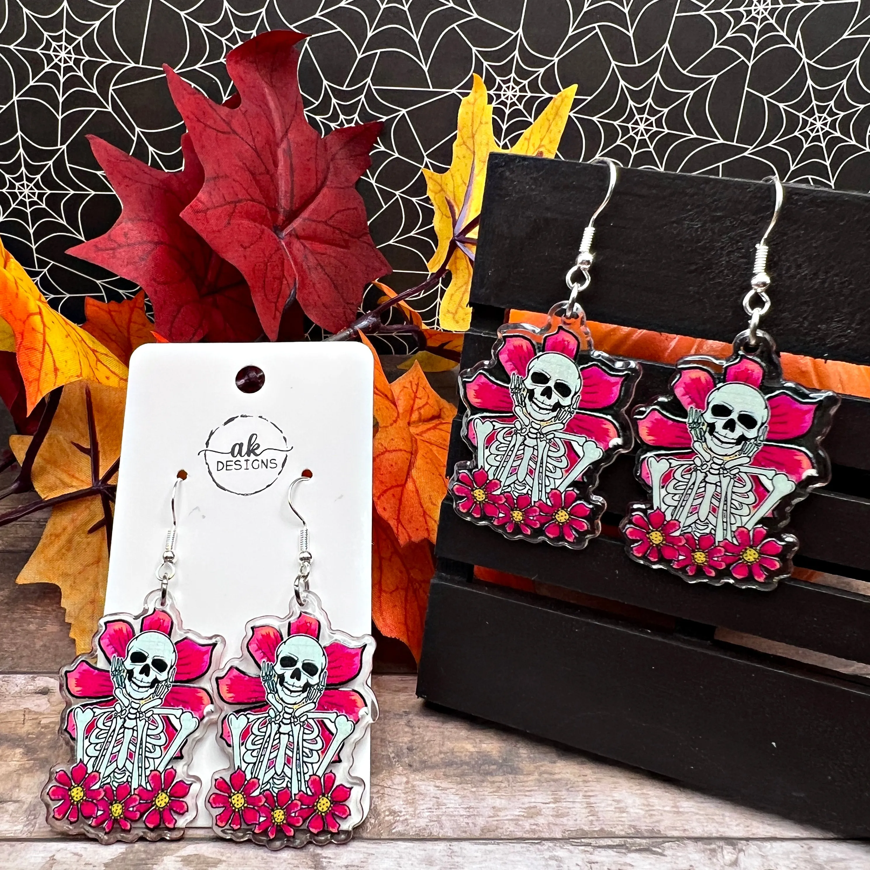 Flowery Skeleton Romantic Halloween Silver/Silver-tone  Earrings, Hypoallergenic Gift