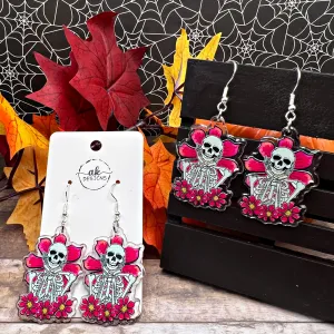 Flowery Skeleton Romantic Halloween Silver/Silver-tone  Earrings, Hypoallergenic Gift