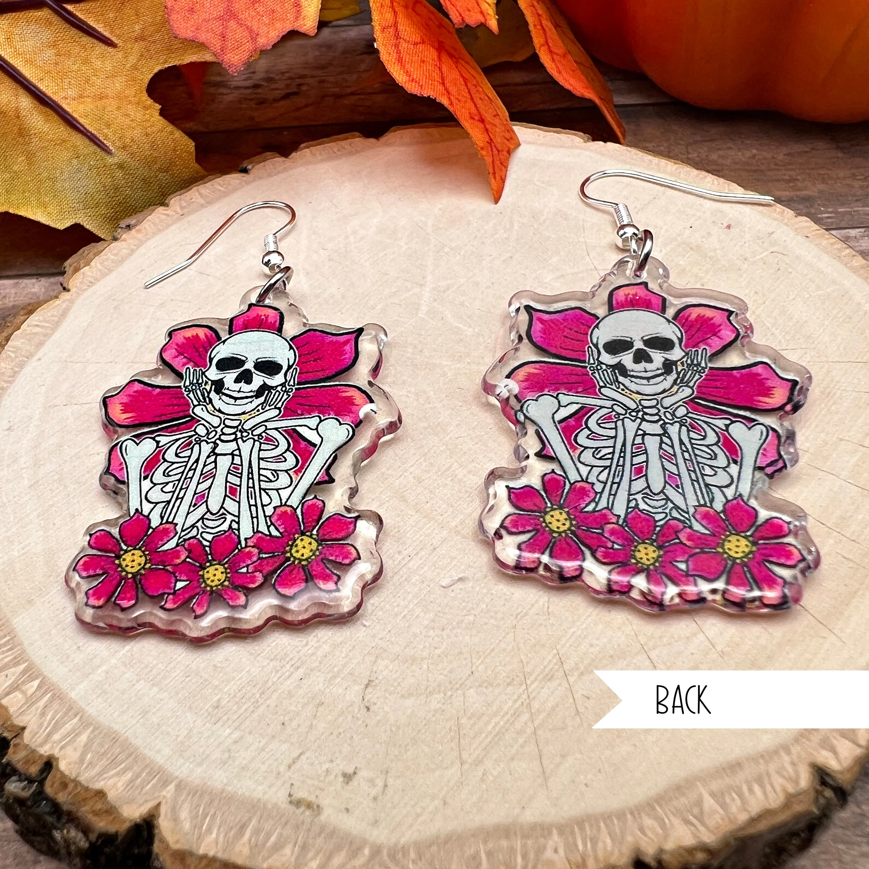 Flowery Skeleton Romantic Halloween Silver/Silver-tone  Earrings, Hypoallergenic Gift