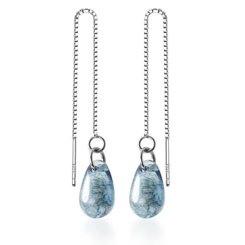 Glassy Tear Drops Chain Earrings