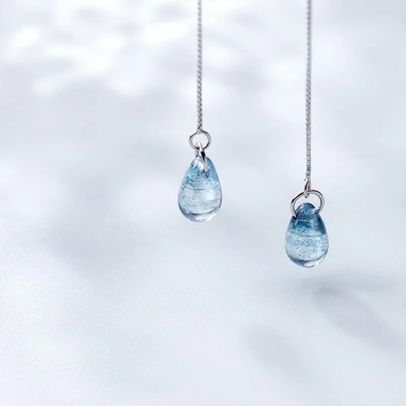 Glassy Tear Drops Chain Earrings