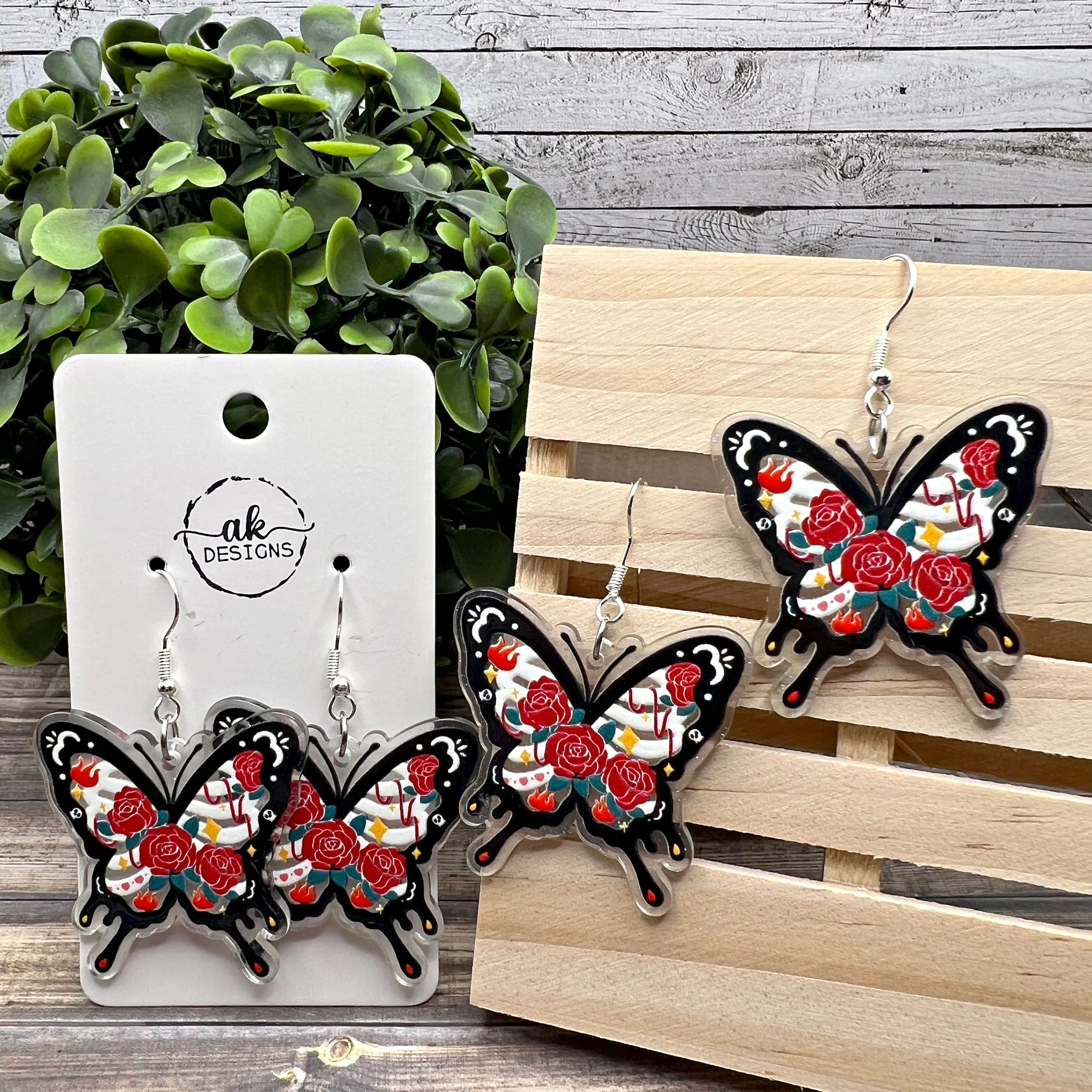 Goth Skeleton Butterfly & Roses Earrings