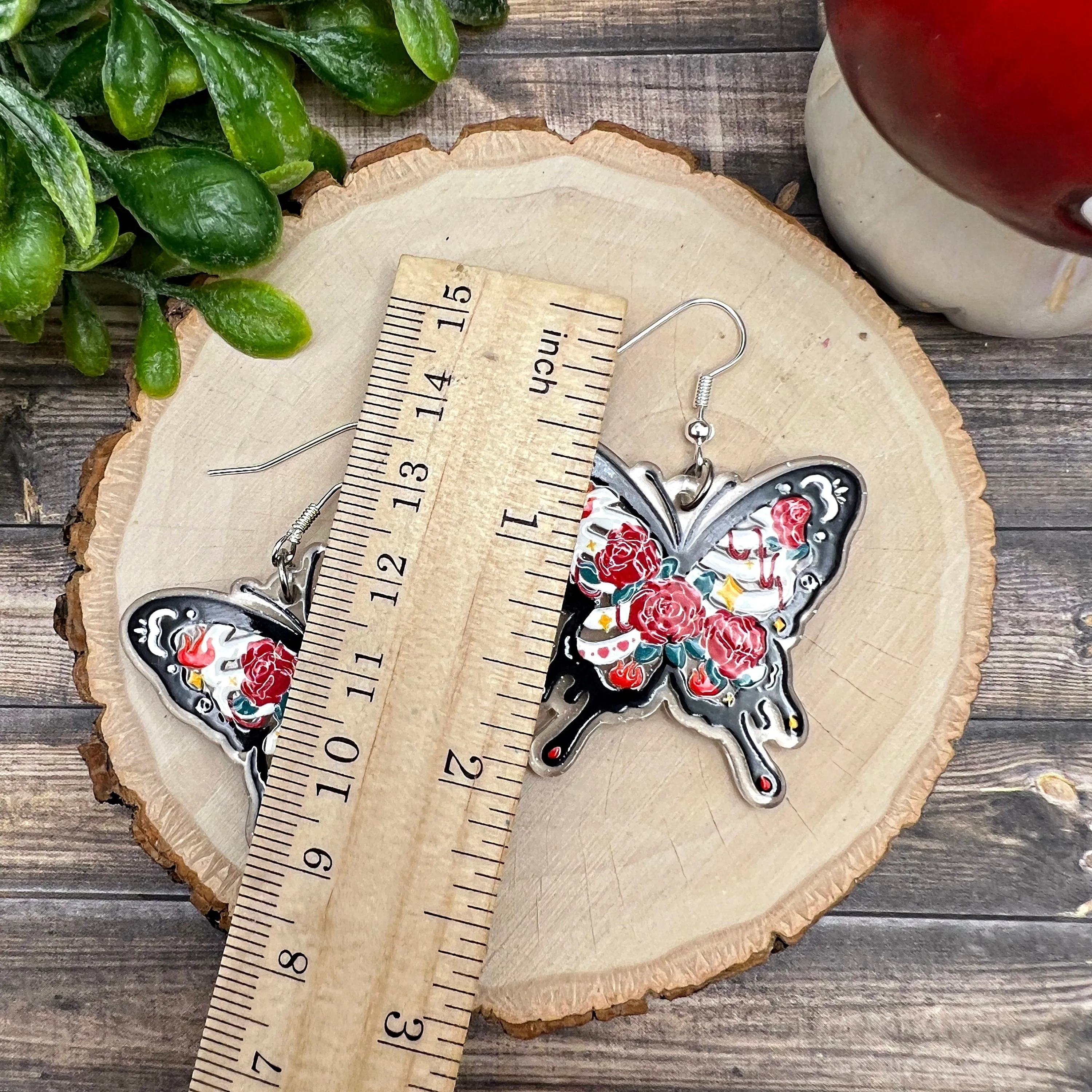 Goth Skeleton Butterfly & Roses Earrings