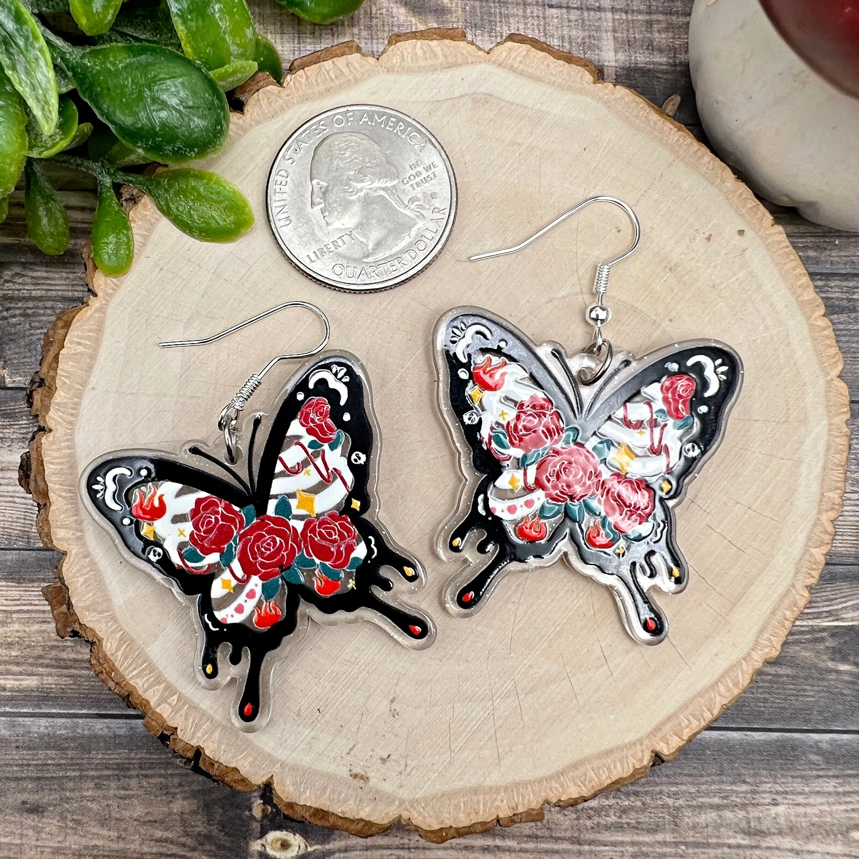 Goth Skeleton Butterfly & Roses Earrings