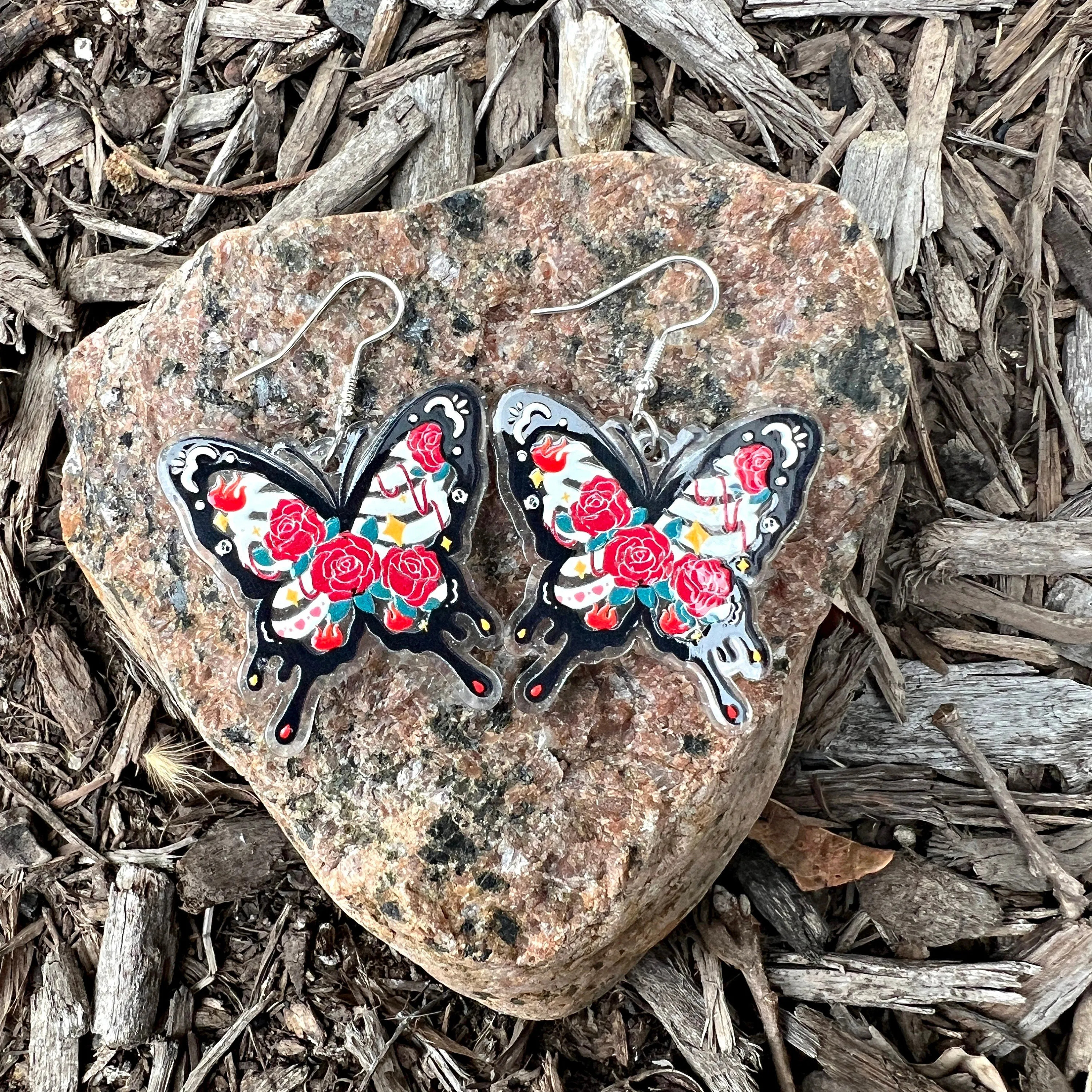 Goth Skeleton Butterfly & Roses Earrings