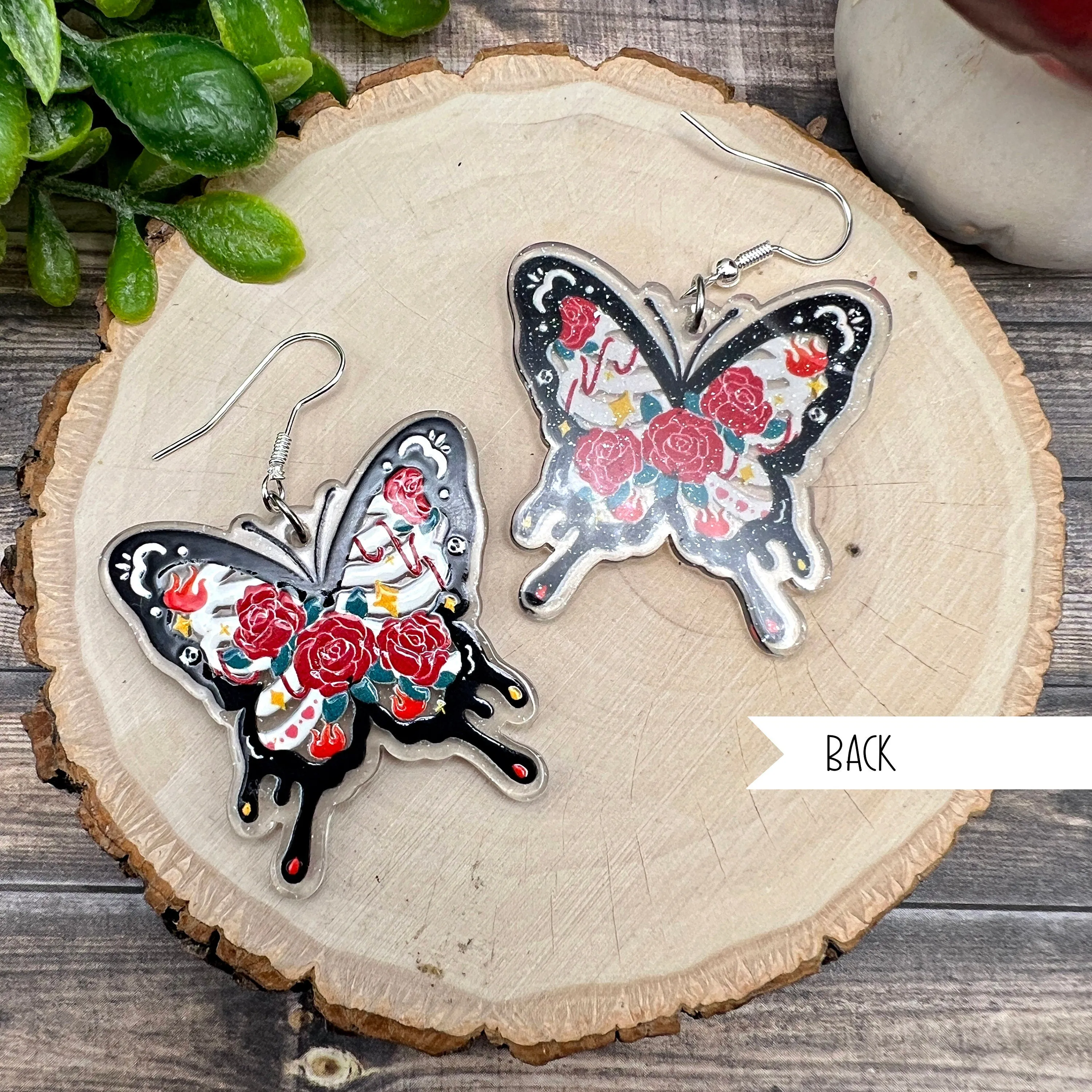 Goth Skeleton Butterfly & Roses Earrings