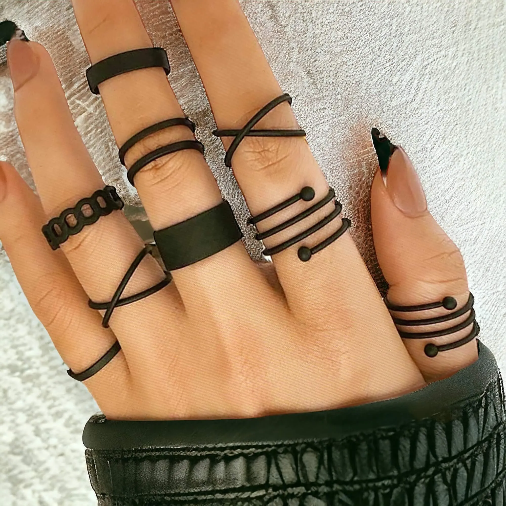 Gothic Black Knuckle Stackable Rings Set