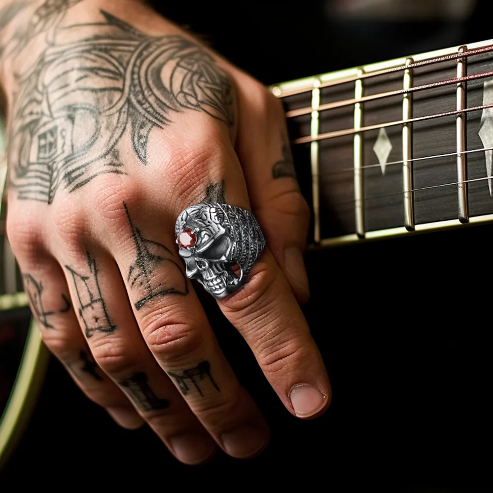 Gothic Skull Ring with Red Gem Forehead for Men/Women