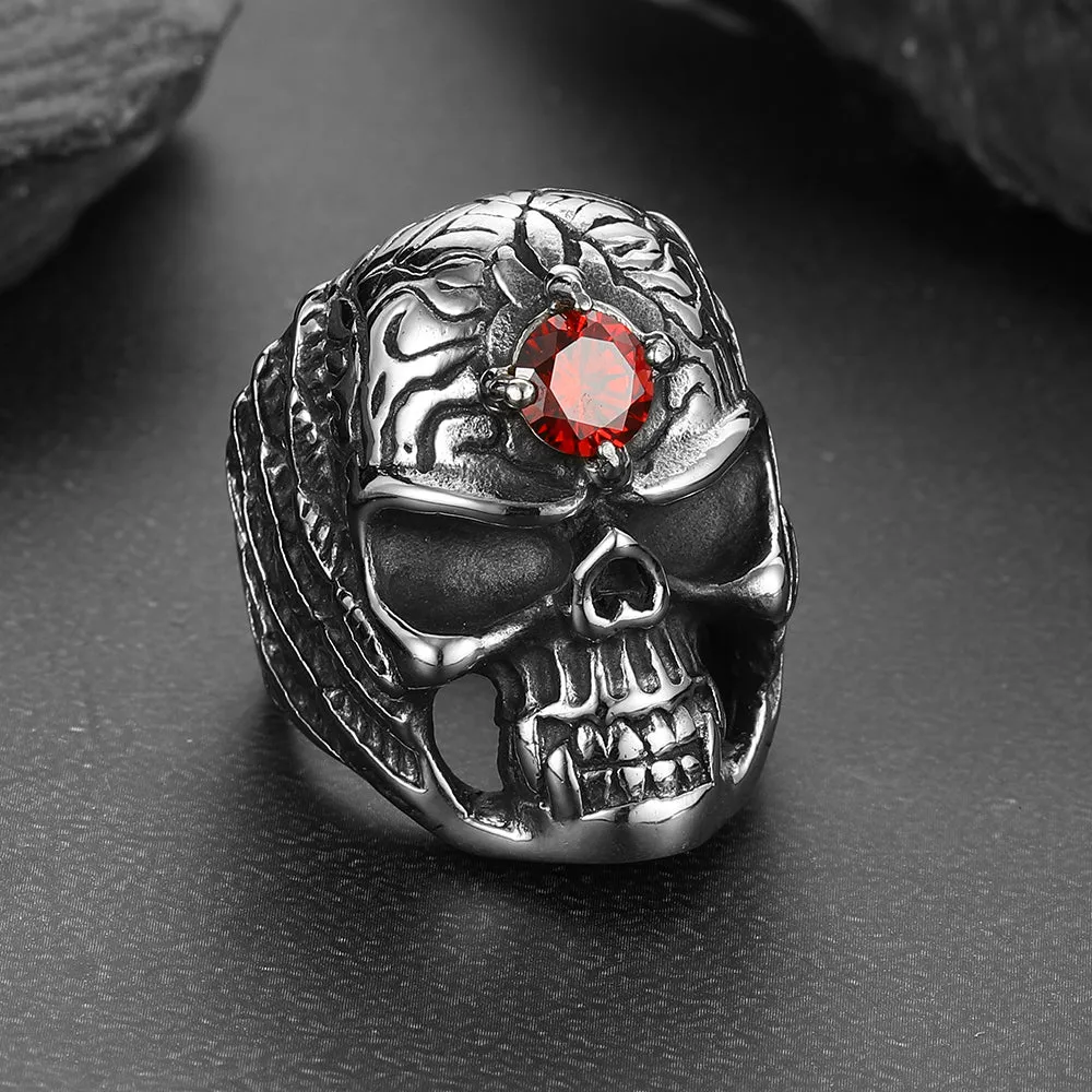 Gothic Skull Ring with Red Gem Forehead for Men/Women