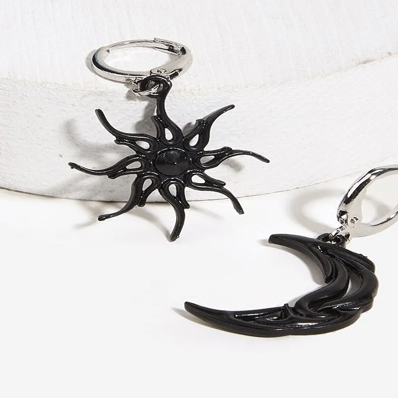 Gothic Sun and Moon Dangle Earrings - Fashionable Asymmetric Jewelry