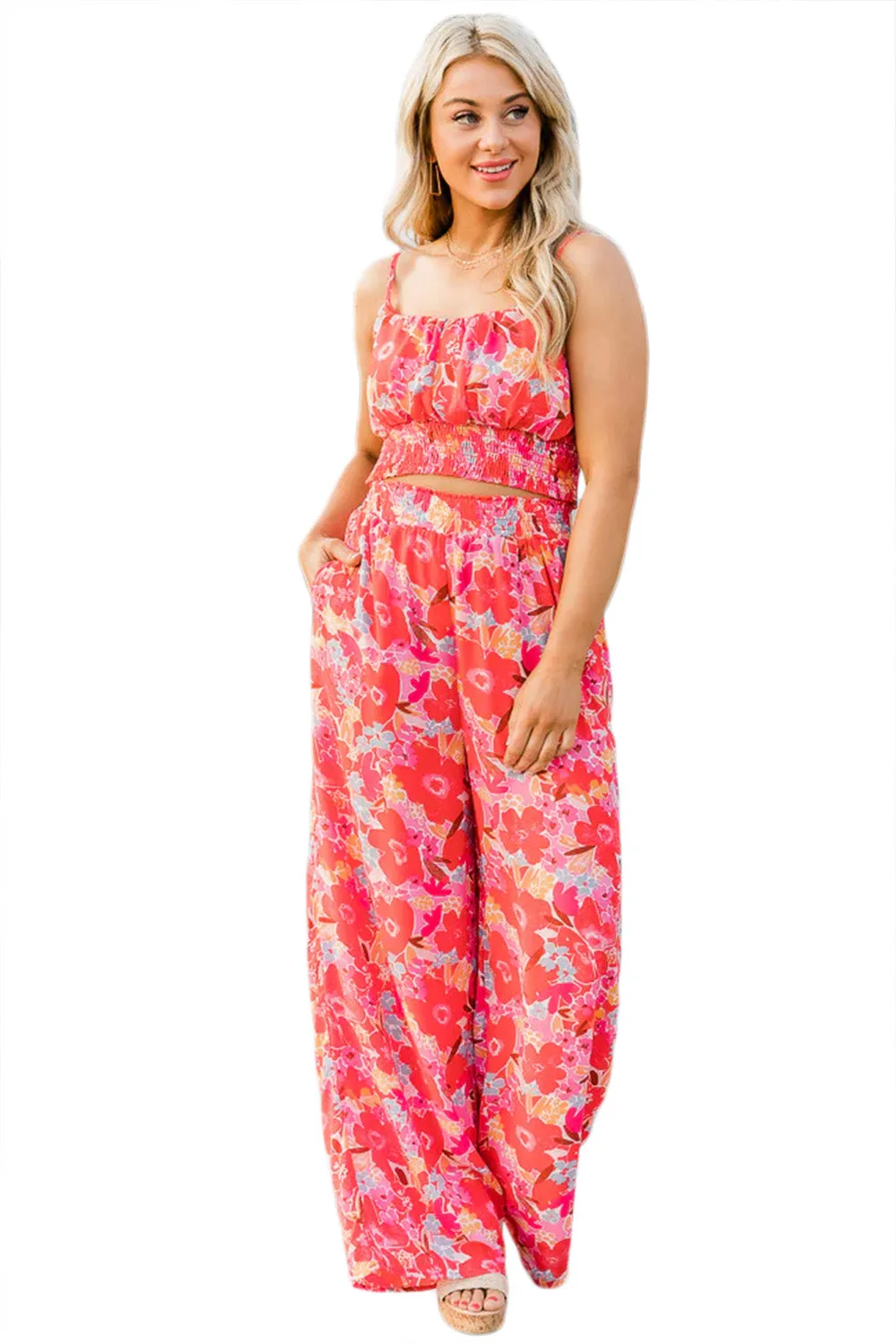 Green Boho Floral Sleeveless Wide Leg Pocket Pants Set