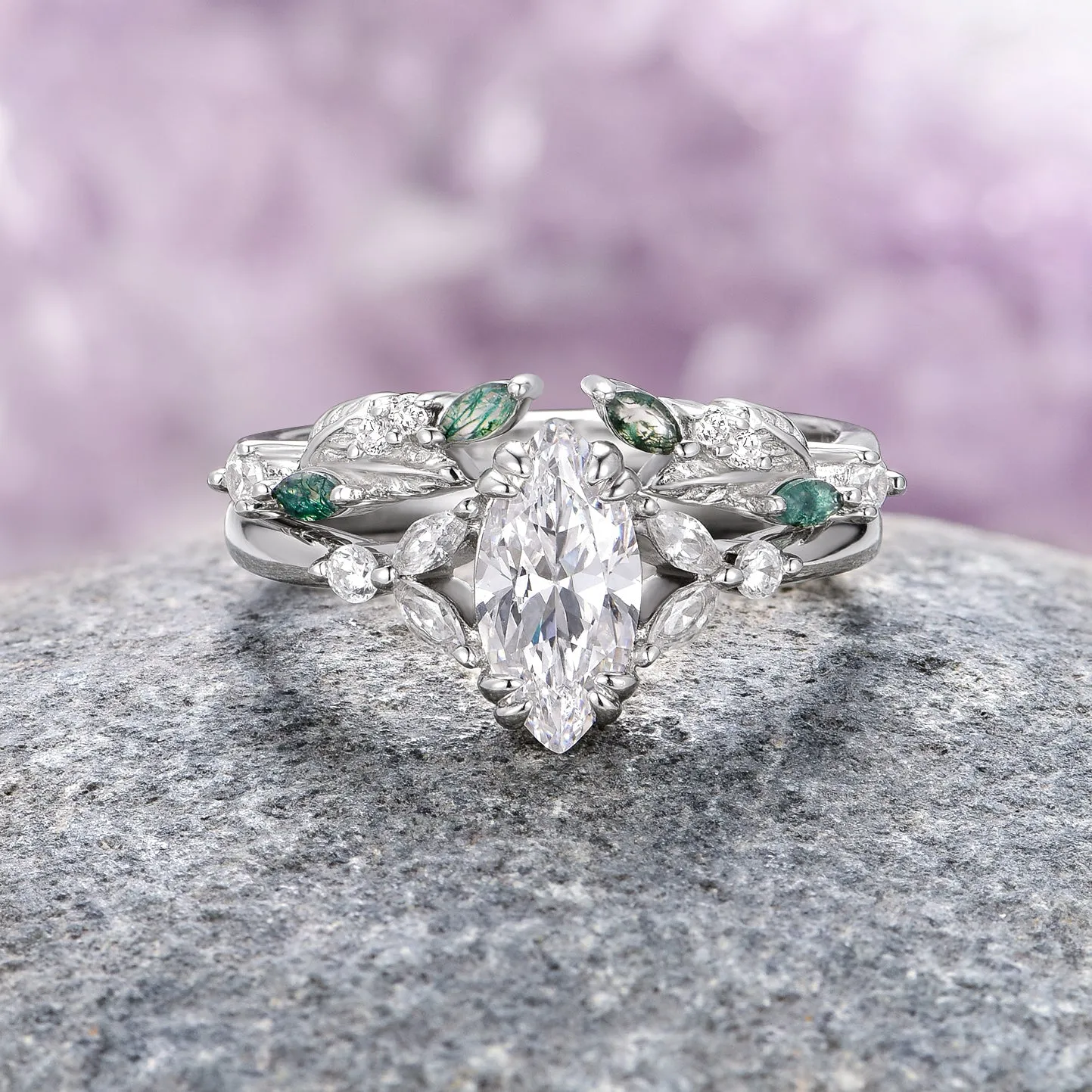 Green Moss Agate & Diamond (cz) Leaf Ring Set- Sterling Silver