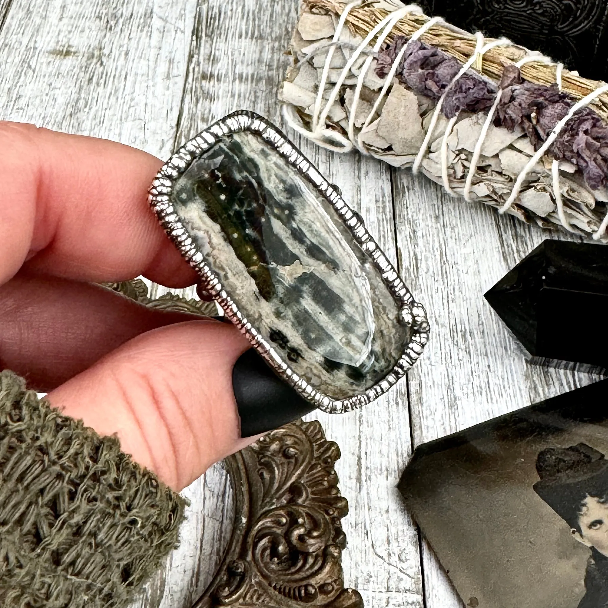 Green Ocean Jasper Ring Silver Size 10 / Foxlark Crystal Jewelry Collection