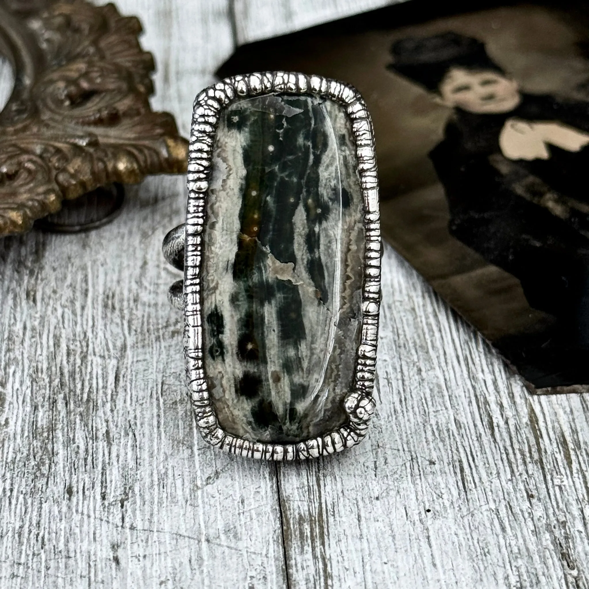 Green Ocean Jasper Ring Silver Size 10 / Foxlark Crystal Jewelry Collection